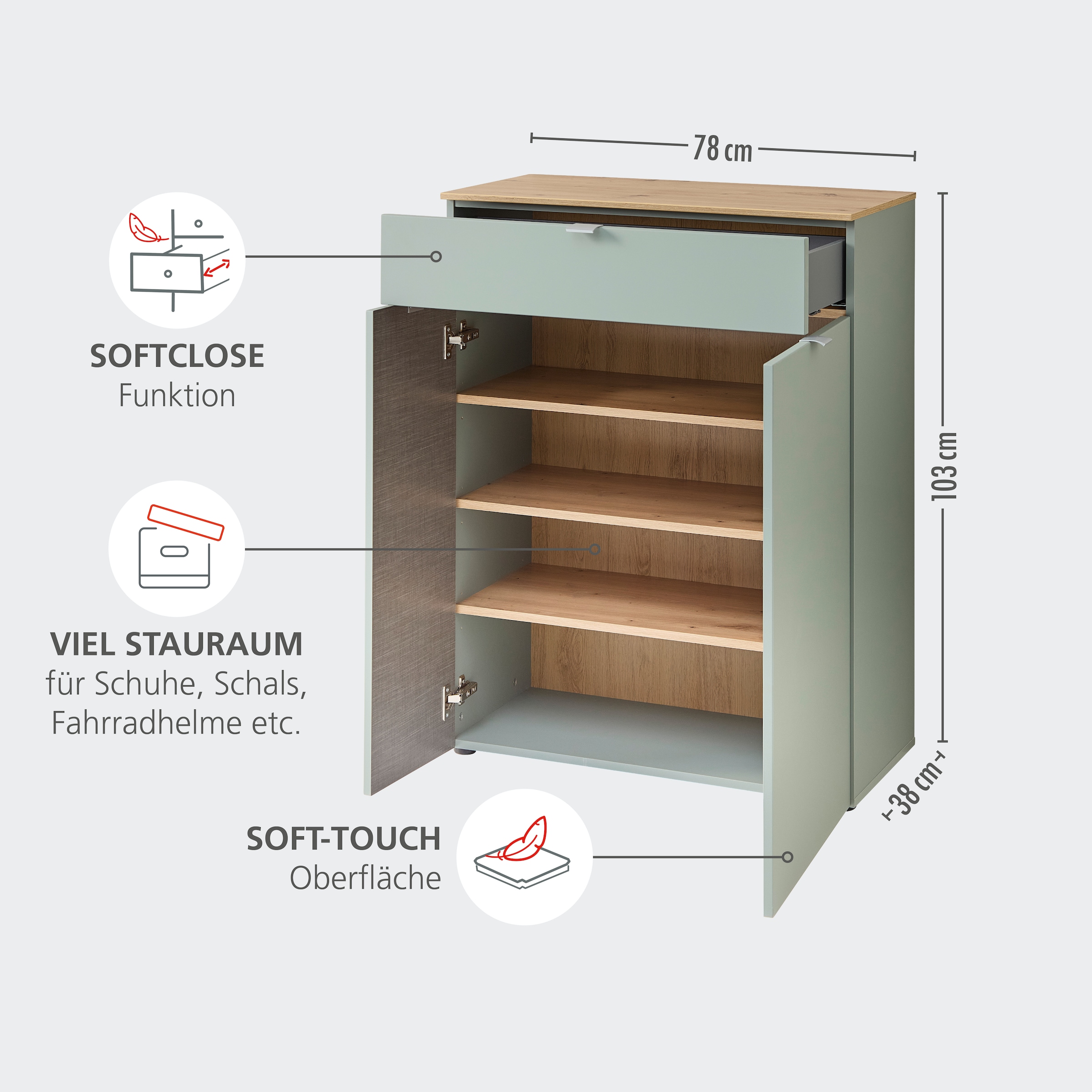 Innostyle Schuhschrank »Bari Schuhschrank mit Schubkasten, BxHxT 78x103x38 cm«, (1 St.), 2 türig, 1 Schübkasten, 4 Fächer, Softclose, ABS Kantenschutz