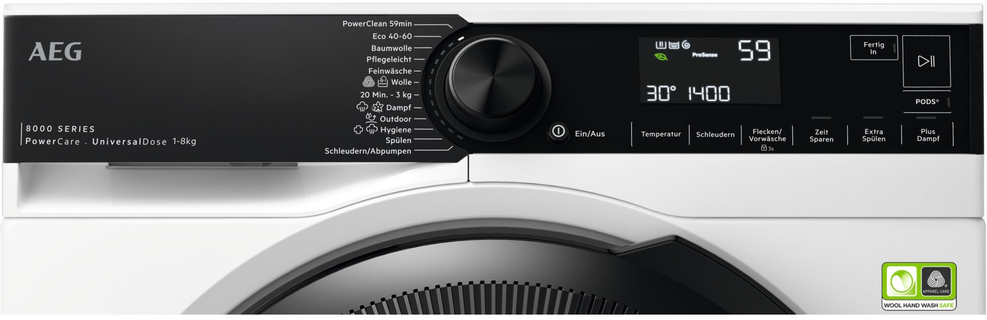 AEG Waschmaschine 8000 PowerCare® »LR8EG75480« 8 kg 1400 U/min UniversalDose: löst PODS®/Caps 60 % schneller auf für beste Reingung