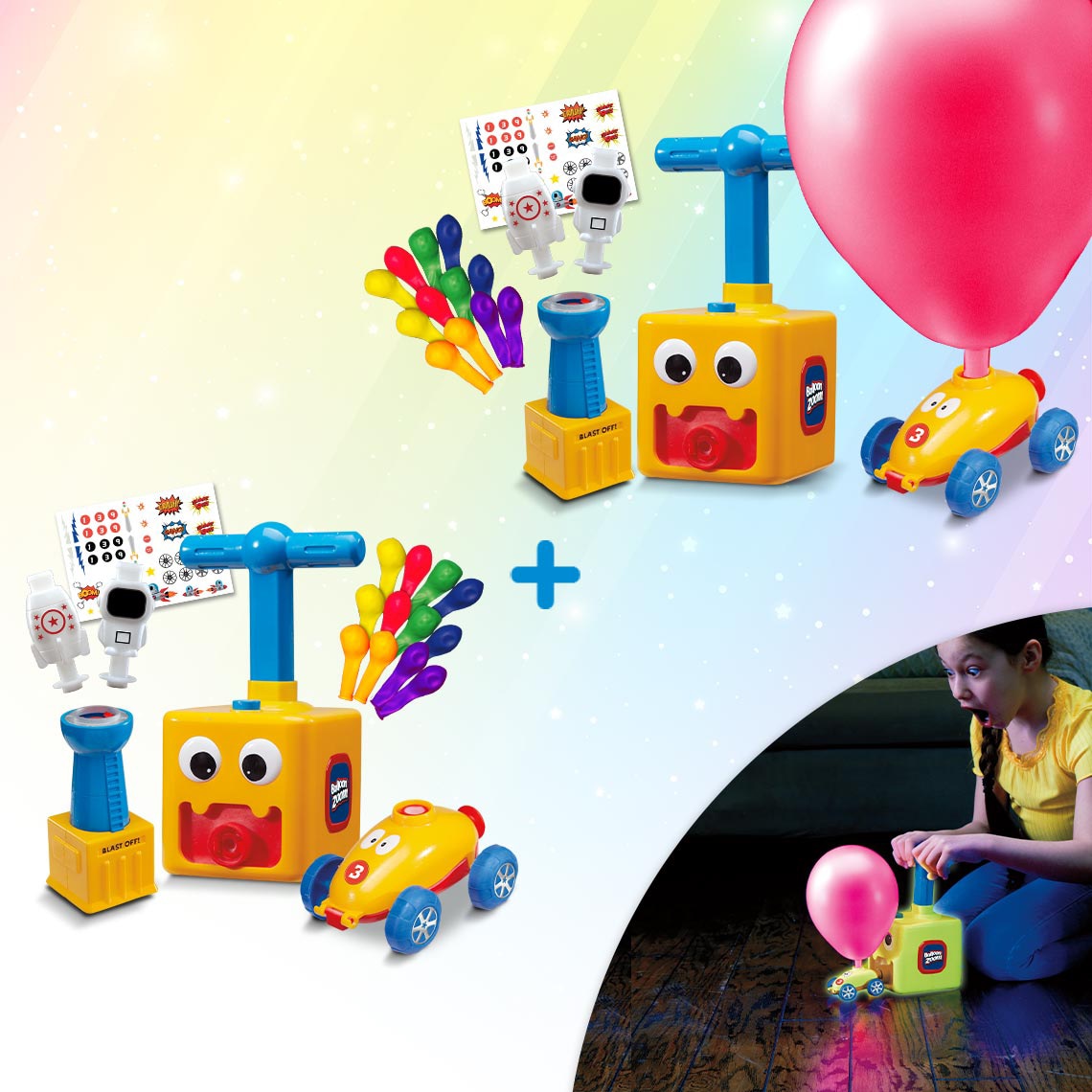 MediaShop Spielzeug-Auto »Balloon Zoom - Sonder-Doppel-Set«, (Set, 2 tlg.), 2 x ballonbetriebenes, fahrendes & fliegendes Spielzeugset