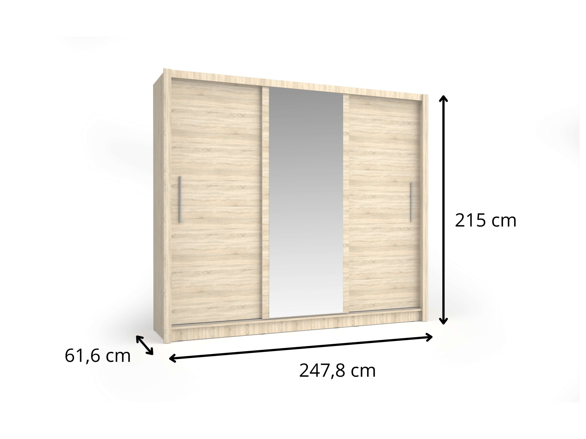 Home affaire Kleiderschrank »BELAVIEN Schwebetürenschrank mit 15 Fächer, Kleiderstange und Spiegel« Garderobe mit 3 Schwebetüren und Spiegel, Maße B/T/H: 247,8/61,6/215