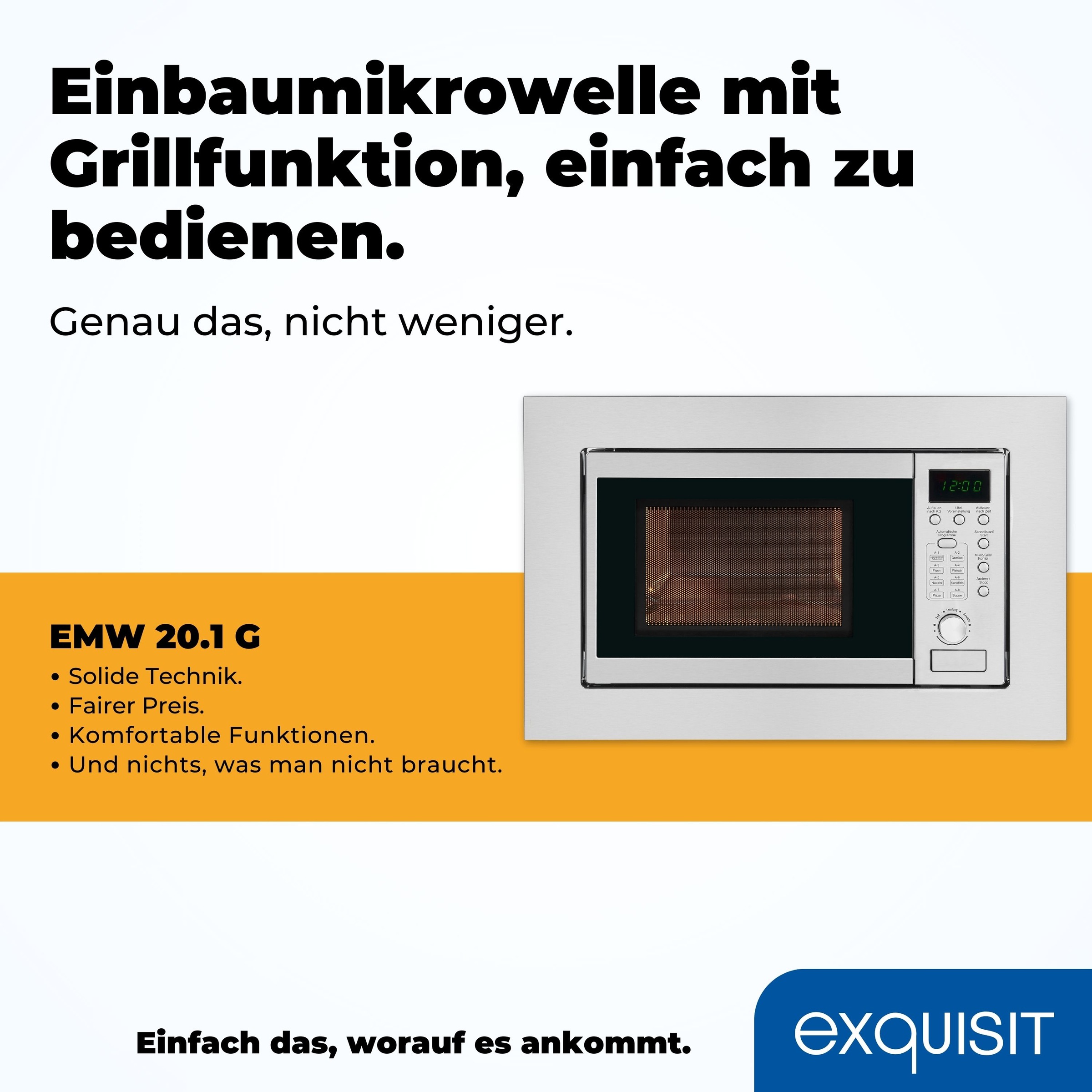 exquisit Einbau-Mikrowelle »EMW 20.1 G« 1250 W Schonend Auftauen,schnell Aufwärmen, Grillen-einfach per Knopfdruck
