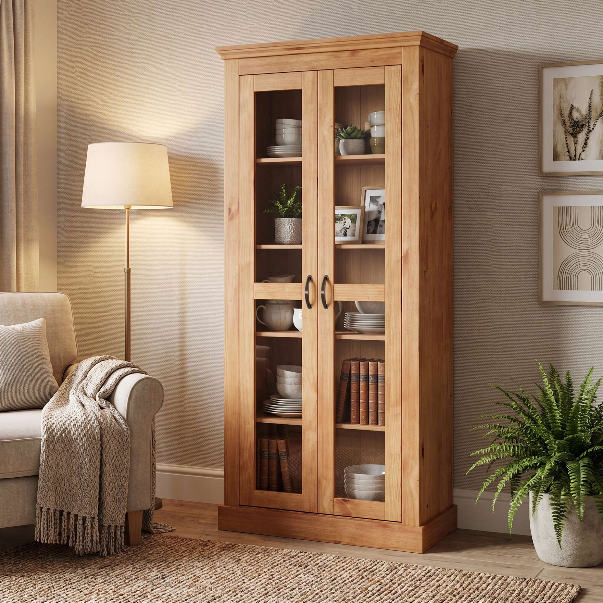 OTTO home Vitrine »Selma, Hochschrank, Standvitrine, Glasvitrine aus massivem Kiefernholz« FSC®, mit Griffen aus antikisiertem Metall, Höhe 180 cm