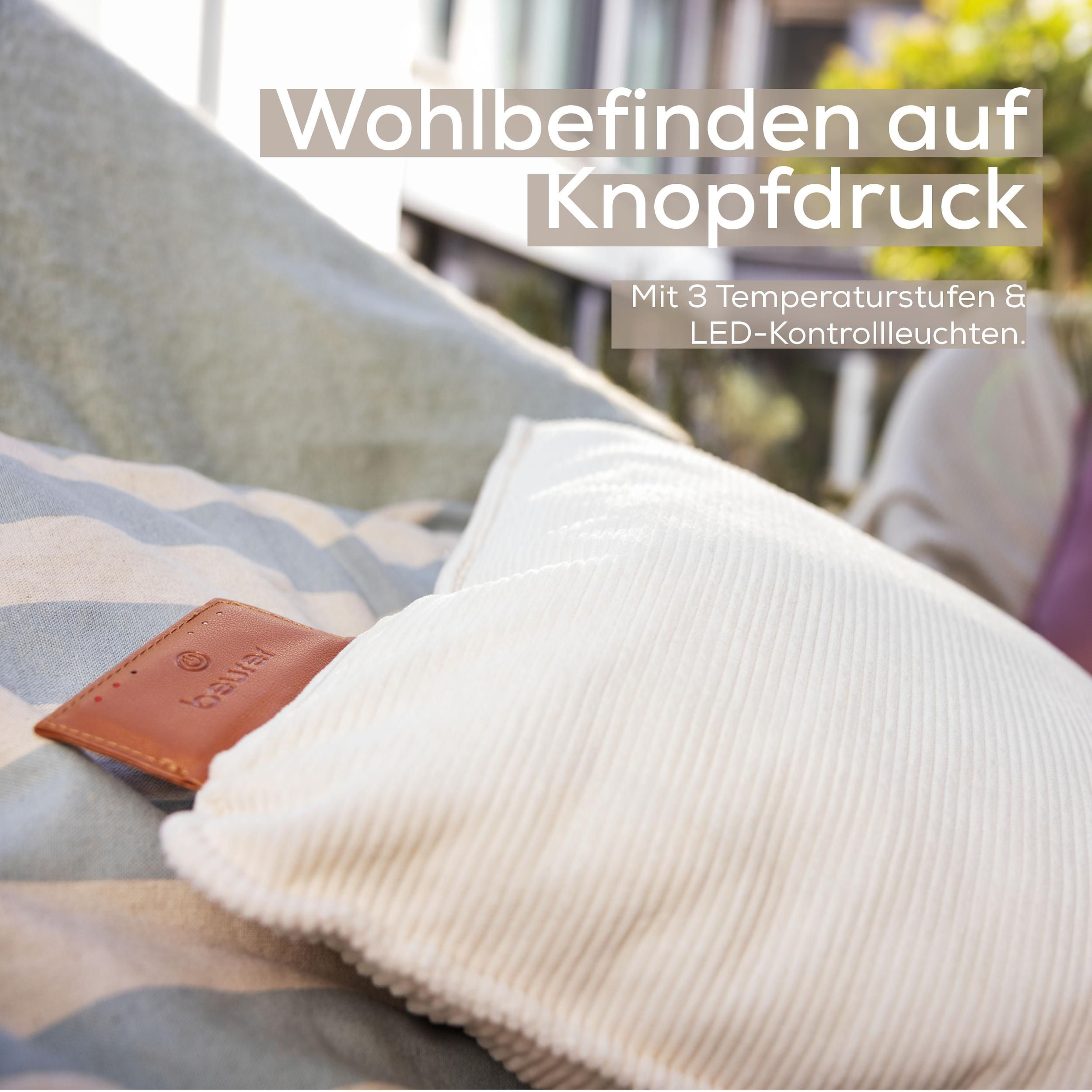 BEURER Heizkissen »HK 77 Heaty, kabellos« Stylisches Design mit modernem Cordstoff, 3 Temperaturstufen, 45x45 cm