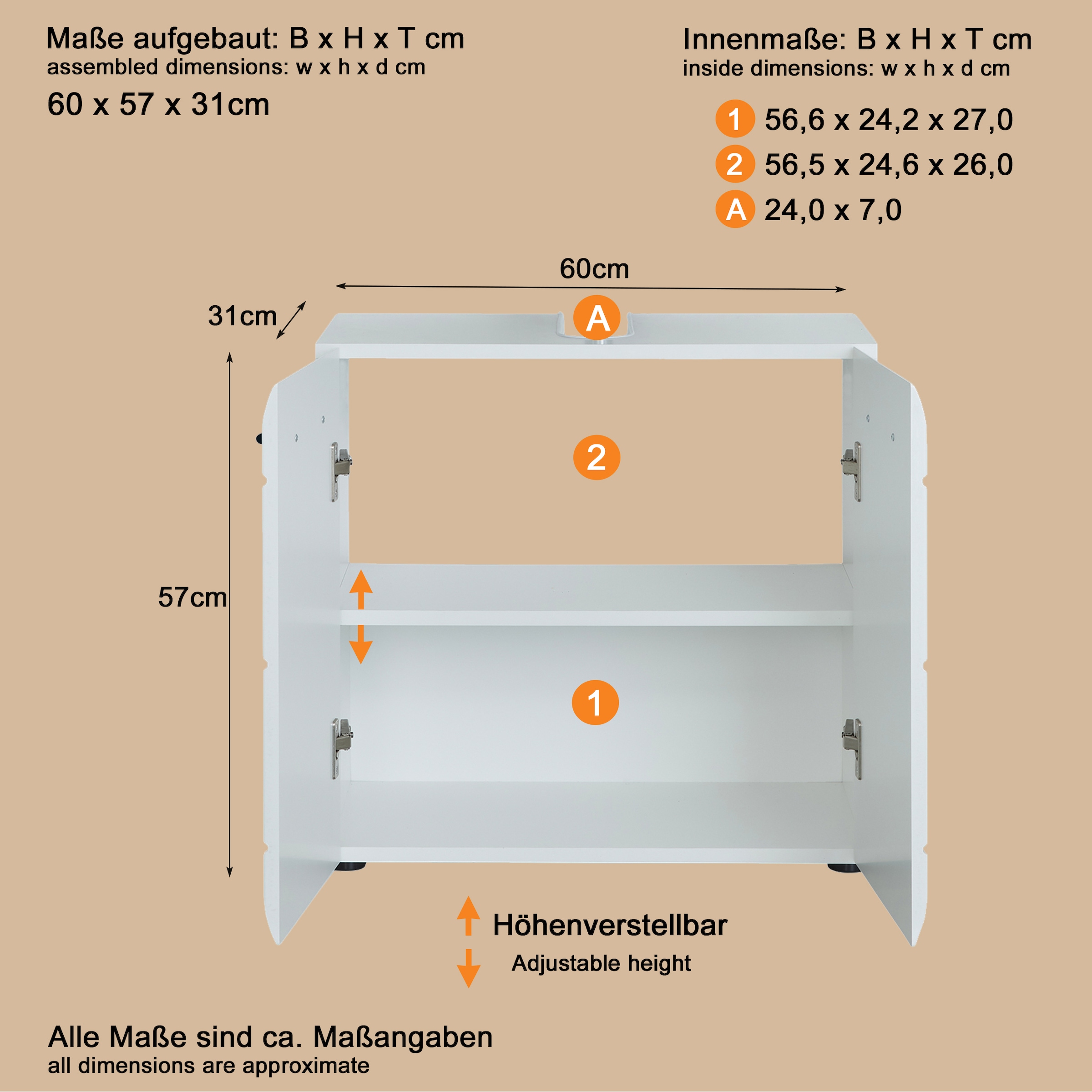 welltime Waschbeckenunterschrank »Sovana« Waschtisch mit verstellbarem Fach - Maße (B/T/H) 60/31/56 cm
