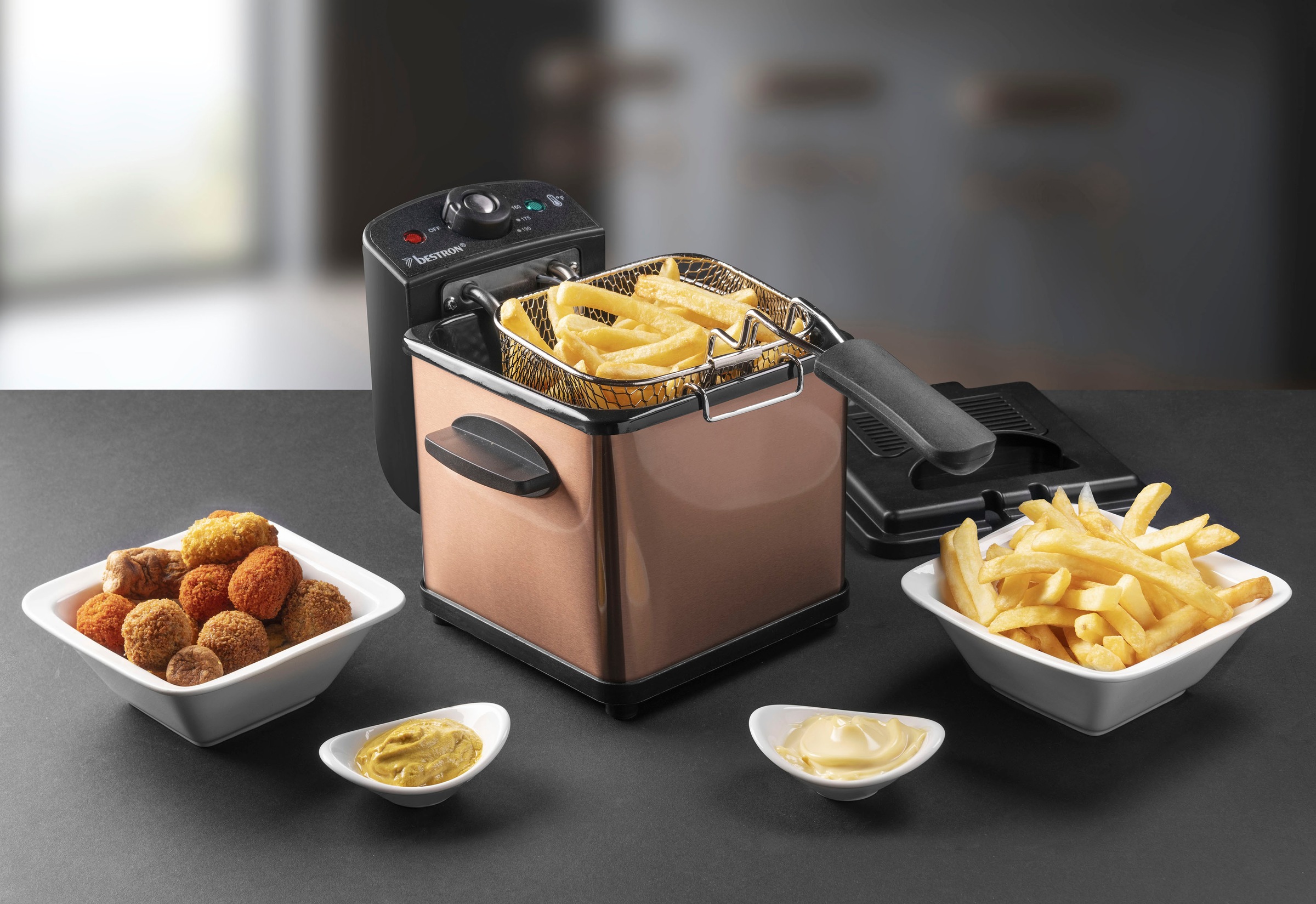 bestron Fritteuse »AF100CO, kleine Fritteuse mit Edelstahl-Korb für eine Portion«, 1000 W, Fassungsvermögen 1,5 l, Kaltzonentechnologie, Temperaturkontrolle bis 190°C, Ölfilter