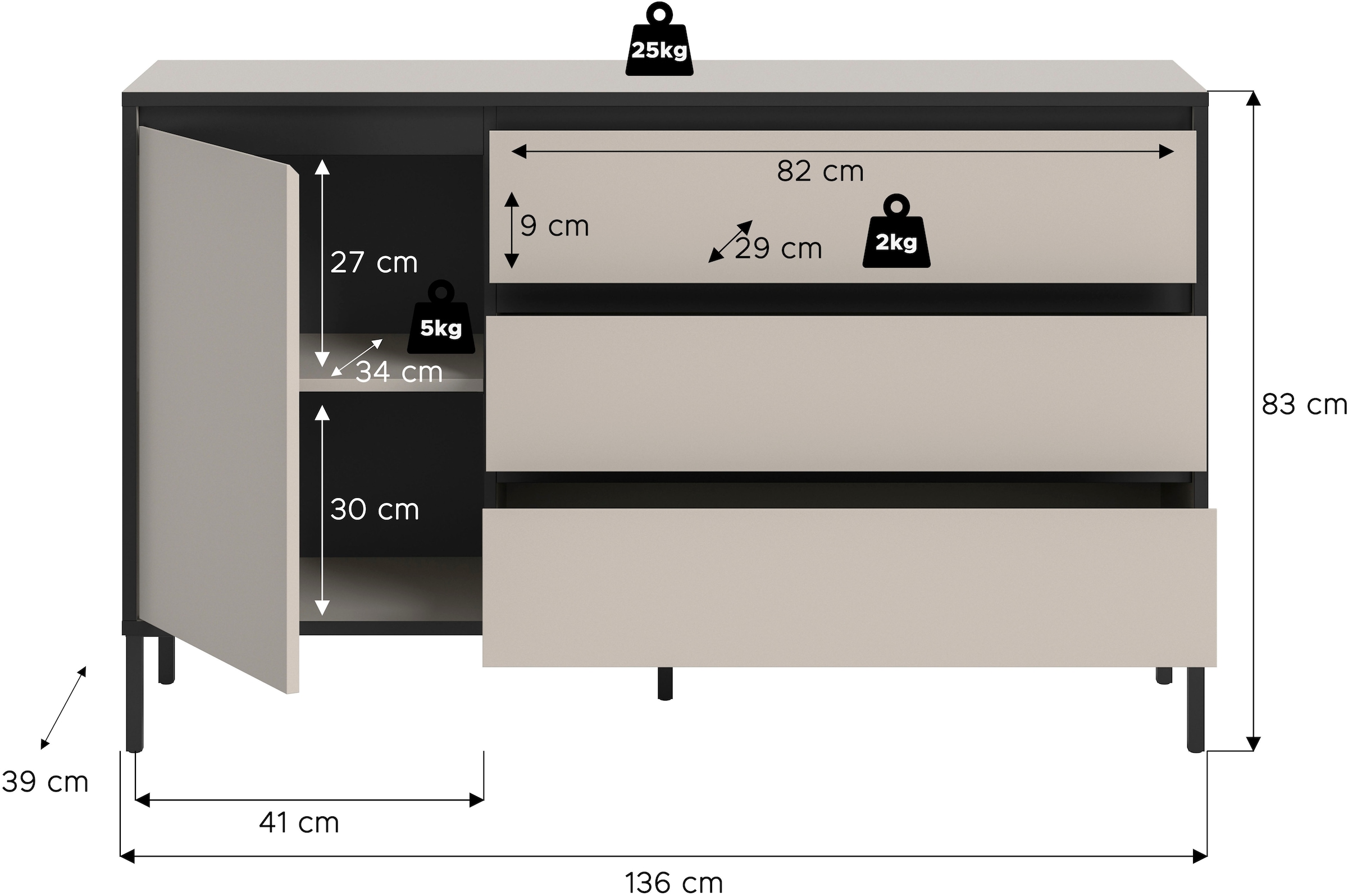 Home affaire Sideboard »NORT, Breite: 136cm, mit Metall Stabfuß, 1 Tür, 3 Schubkästen« Anrichte, Kommode, Schrank, Board, Higboard