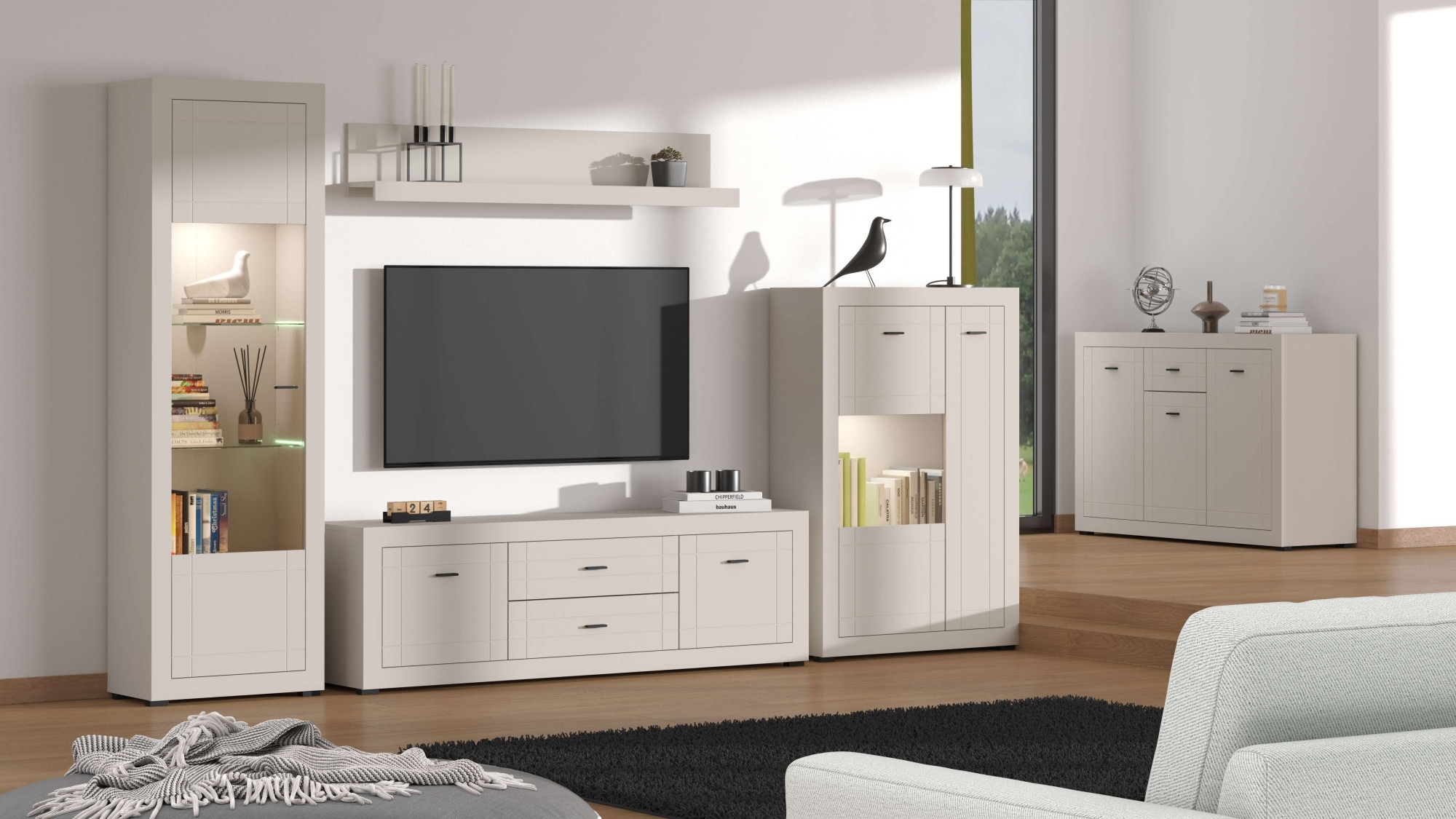 Home affaire Vitrine »Essex Vitrinenschrank, Glasschrank, Standvitrine, Highboard/Sideboard« Präzise Heißfolienprägung, Metallgriff, Eleganter Glasboden