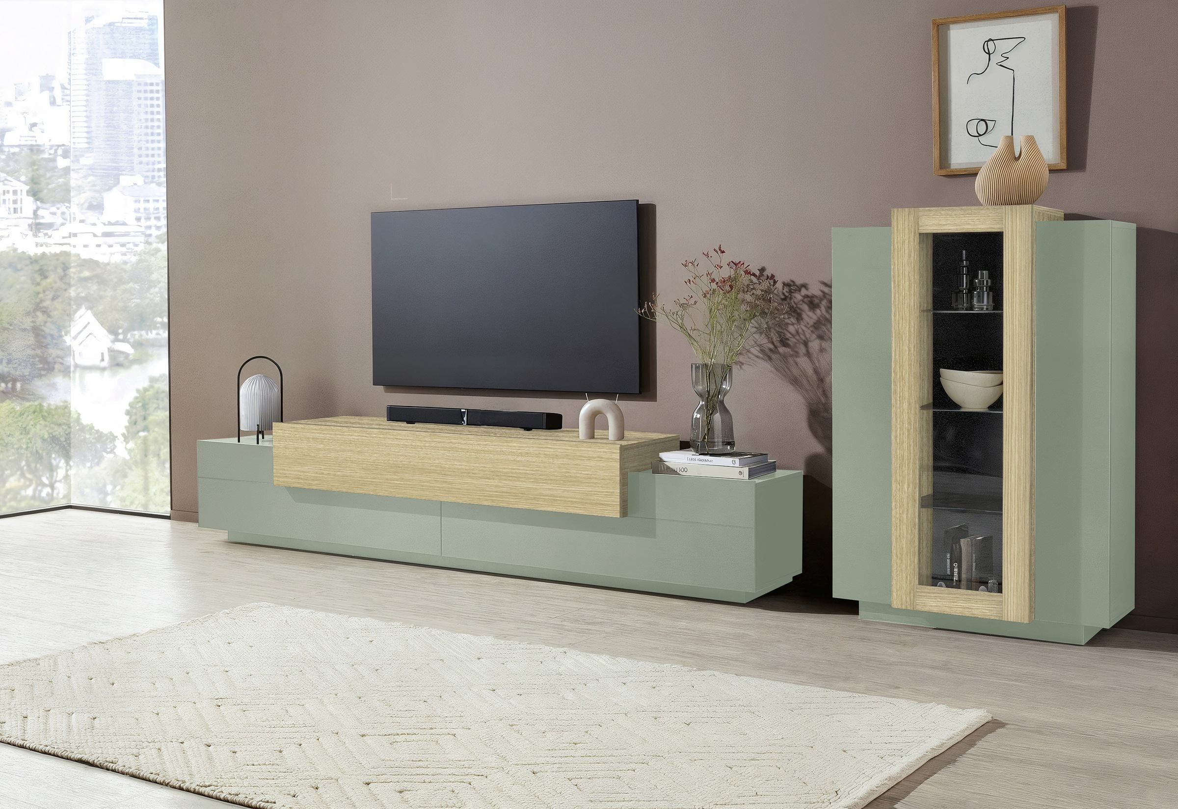 INOSIGN Wohnwand »Coro, Anbauwand, Medienwand« Set, 2 Stk. tlg. Lowboard 4 Fächern Breite 200 cm und Vitrine 3 Türen Breite 80 cm