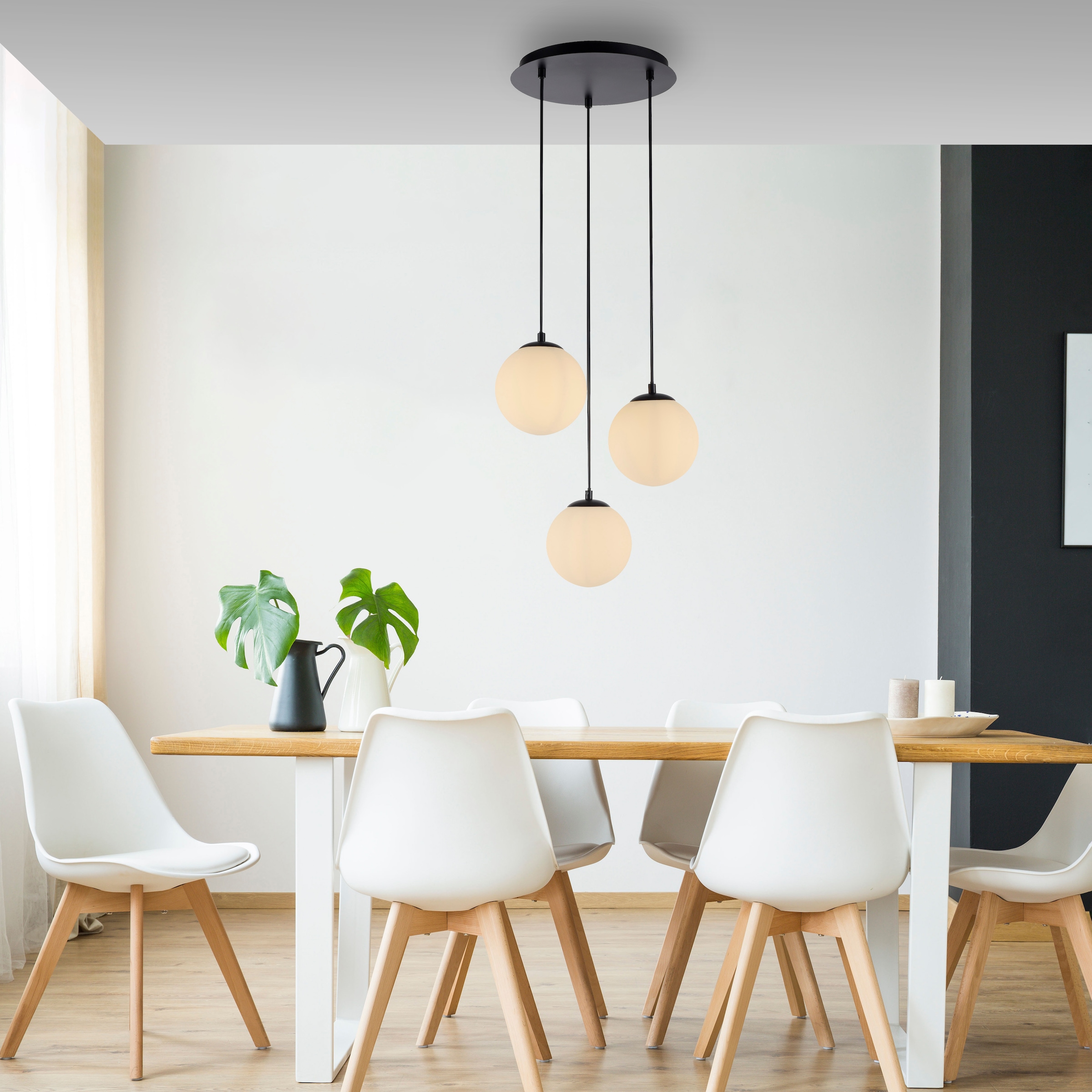 my home Pendelleuchte »Nymölla«, 3 flammig, Leuchtmittel E14 | ohne Leuchtmittel, Hängeleuchte mit großen Glaskugeln, amberfarben oder opal matt weiß