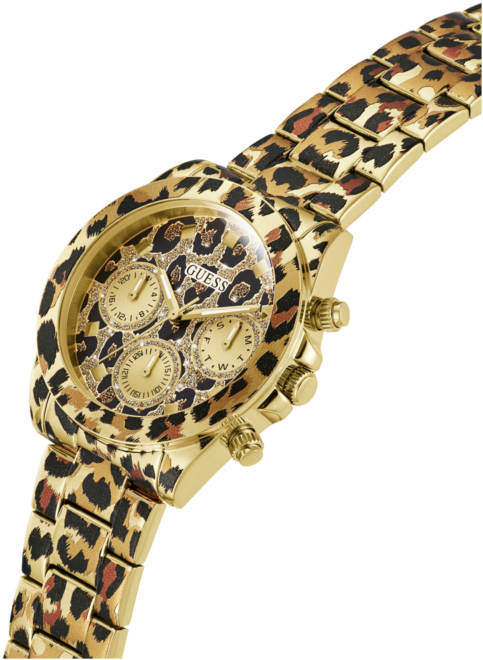 Guess Multifunktionsuhr »LEOPARDESS«, Quarzuhr, Armbanduhr, Damenuhr, Datum, 12/24-Std.-Anzeige