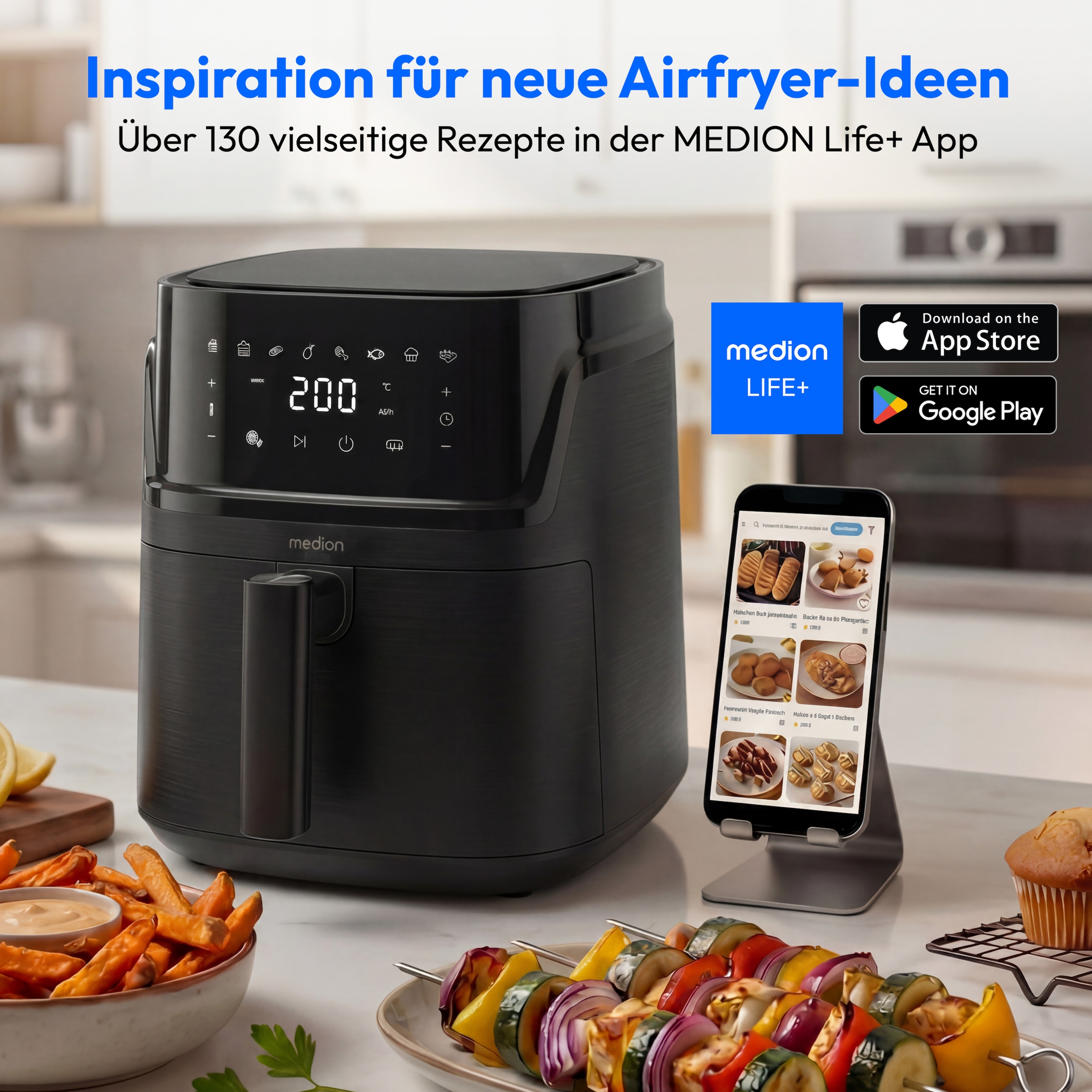 Medion® Heißluftfritteuse »MD 100056« 1650 W Großes 7,2 L Fassungsvermögen,PFAS‑frei