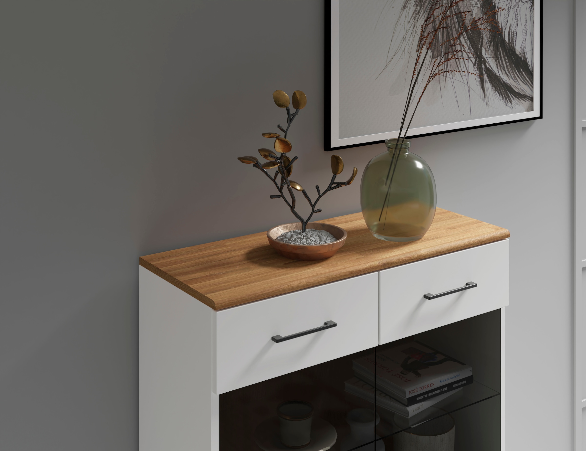 Home affaire Stauraumvitrine »Ribe,125cm hoch,112cm breit,4 breite Fächer«, Oberplatte Eiche massiv,dunkles Glas, schwarze Metall Griffe