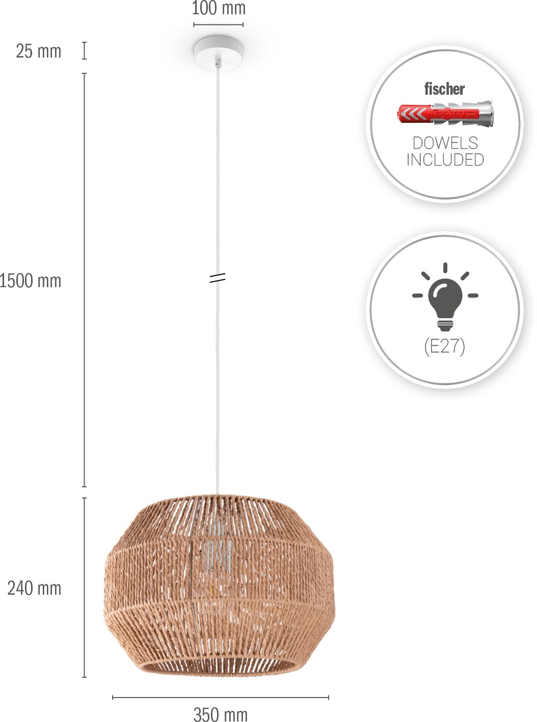 Paco Home Pendelleuchte »Hugo Yago«, Leuchtmittel E27 | ohne Leuchtmittel, Wohnzimmer Esszimmer Rattan Optik Boho Lampenschirm Papier Modern