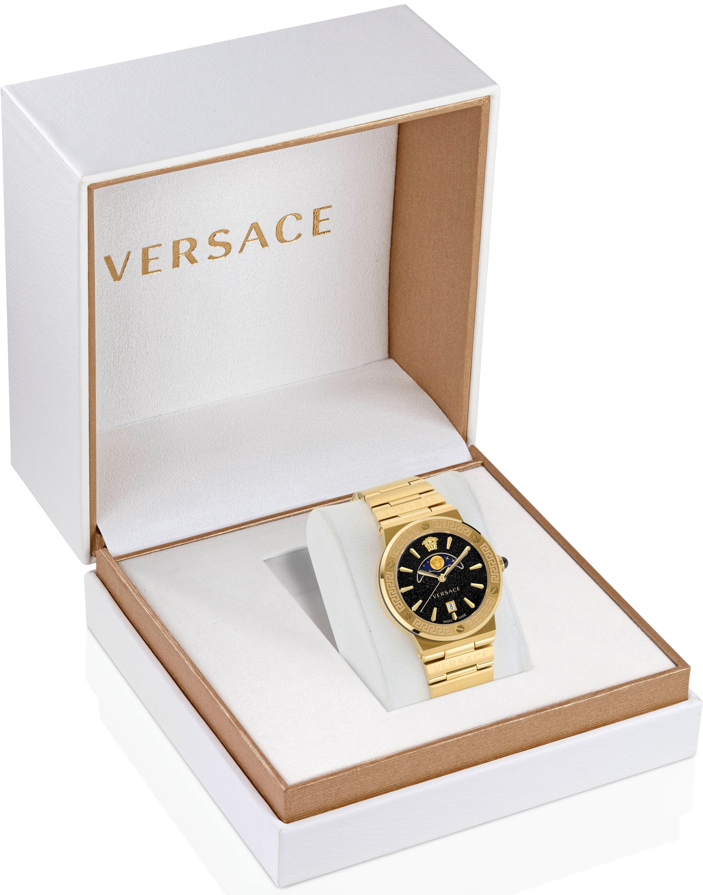 Versace Quarzuhr »GRECA LOGO MOONPHASE«, Armbanduhr, Damenuhr, Saphirglas, Datum, Swiss Made, Mondphase