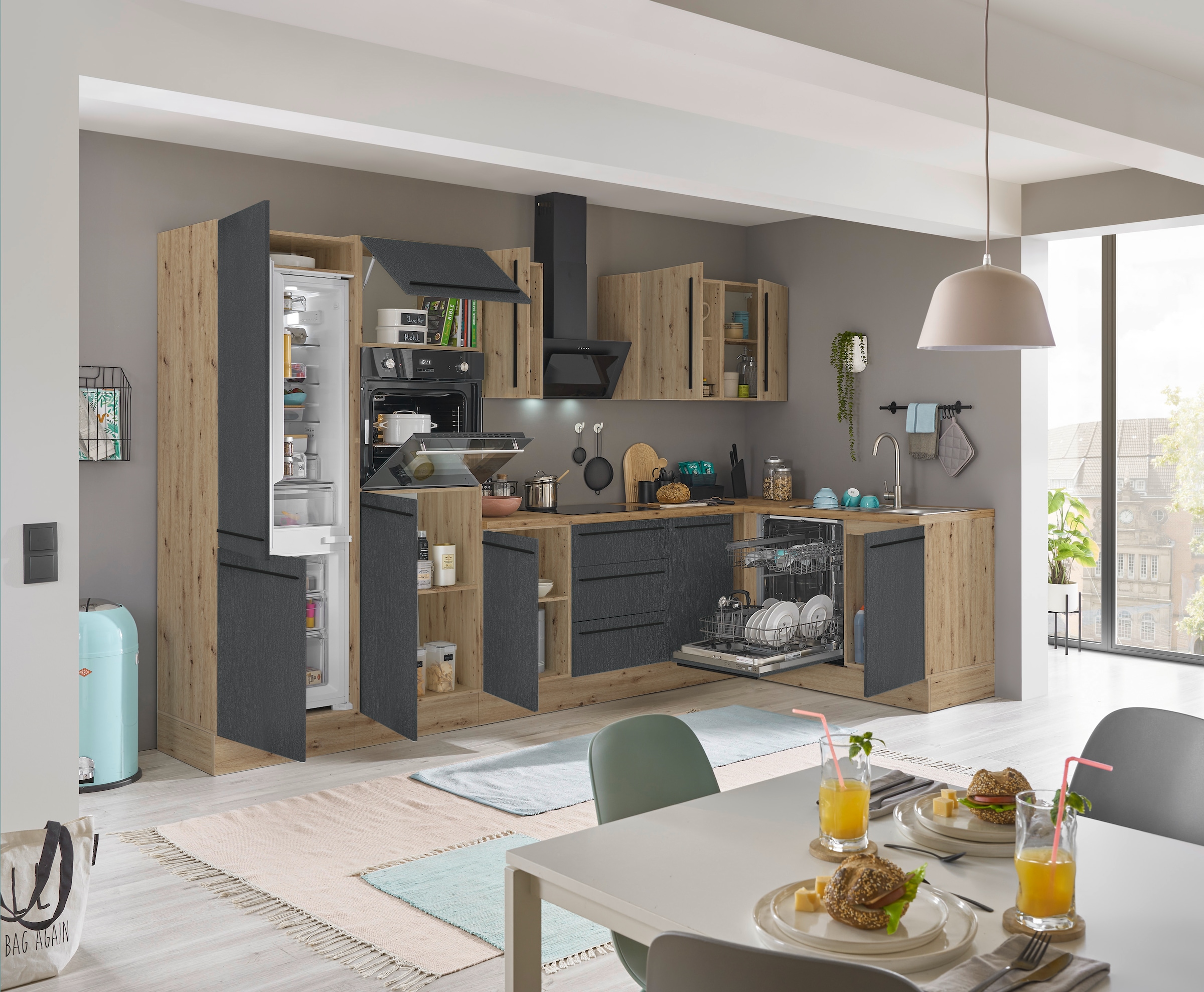 KOCHSTATION Winkelküche »Florida, Stellbreite 340x175 cm«, wahlweise mit E-Geräten, mit Softclose für Türen und Schubkästen