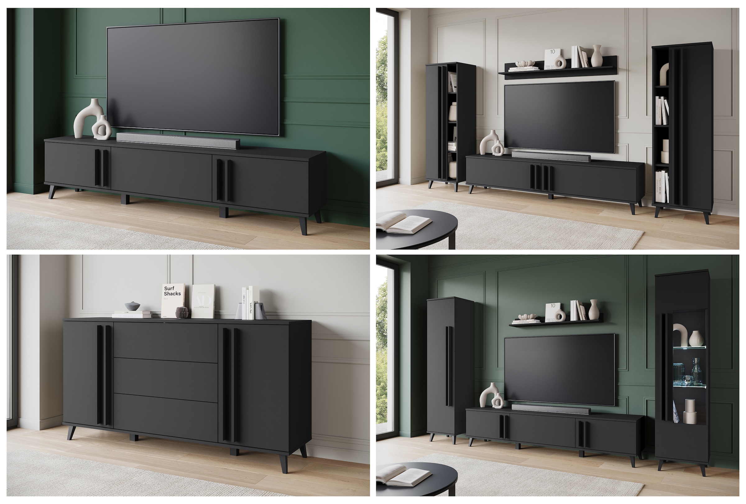 INOSIGN Wohnwand »Helsinki, Modernes Möbelset«, (Komplett-Set, 4 St.), mit lamellengriffen, verstellbaren Einlegeböden und Kunststofffüßen