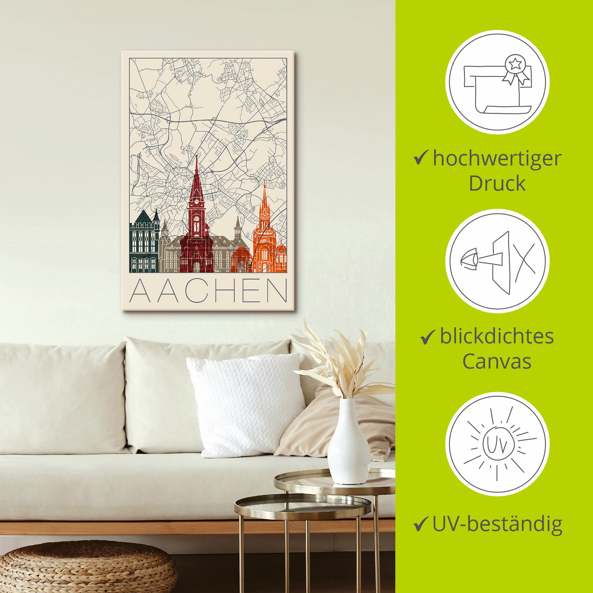 Artland Leinwandbild »Retro Karte Aachen«, Deutschland, (1 St.), auf Keilrahmen gespannt