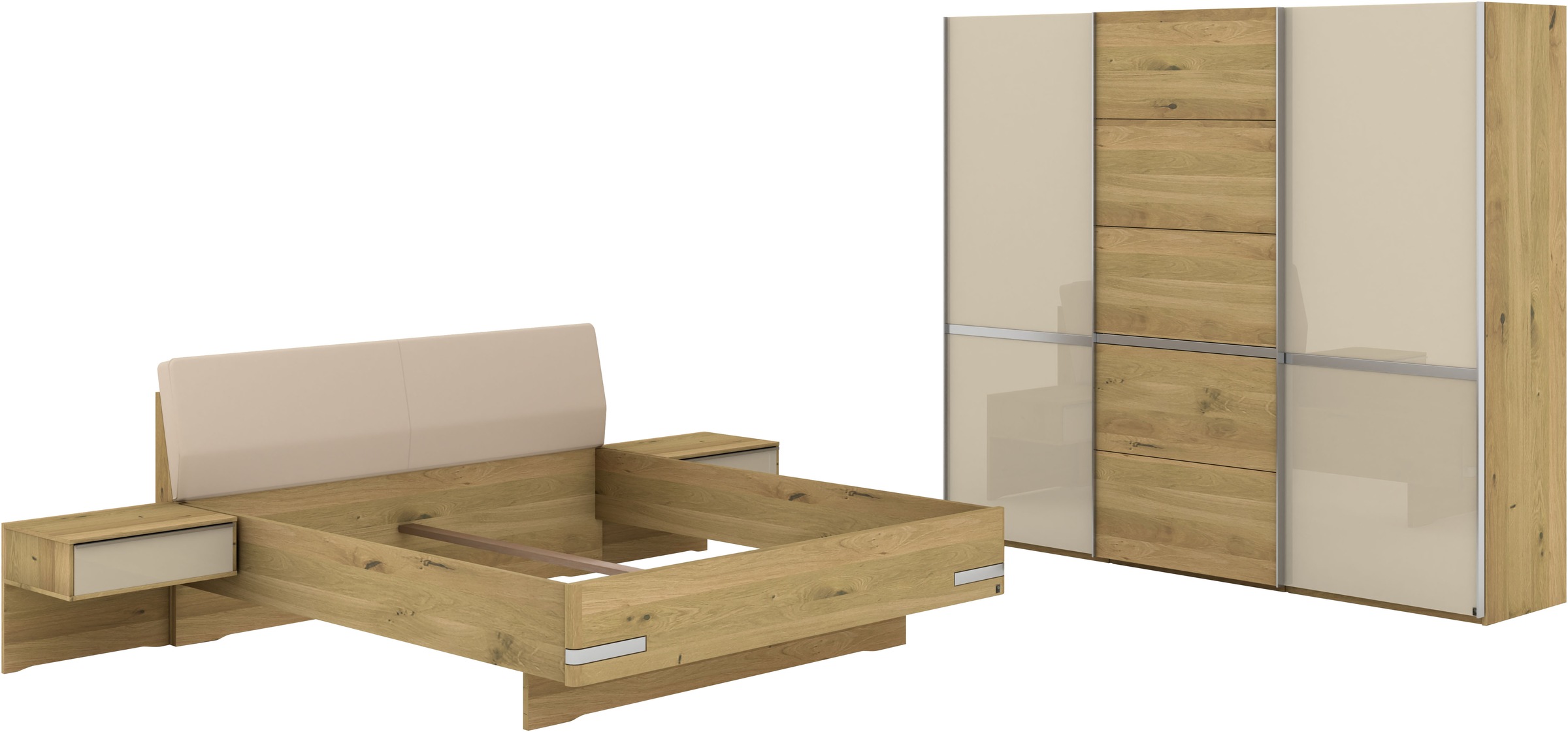 Musterring Schlafzimmer-Set »Savona, Kleiderschrank, Bett & Nachtkommoden, teilmassiv Bianco-Eiche« 2er-Set Nachtschränke, Schwebetürenschrank, Bett 180x200 cm,  Kopfteil Kunstleder Champagner, Schrank mit Eiche- und Glastüren