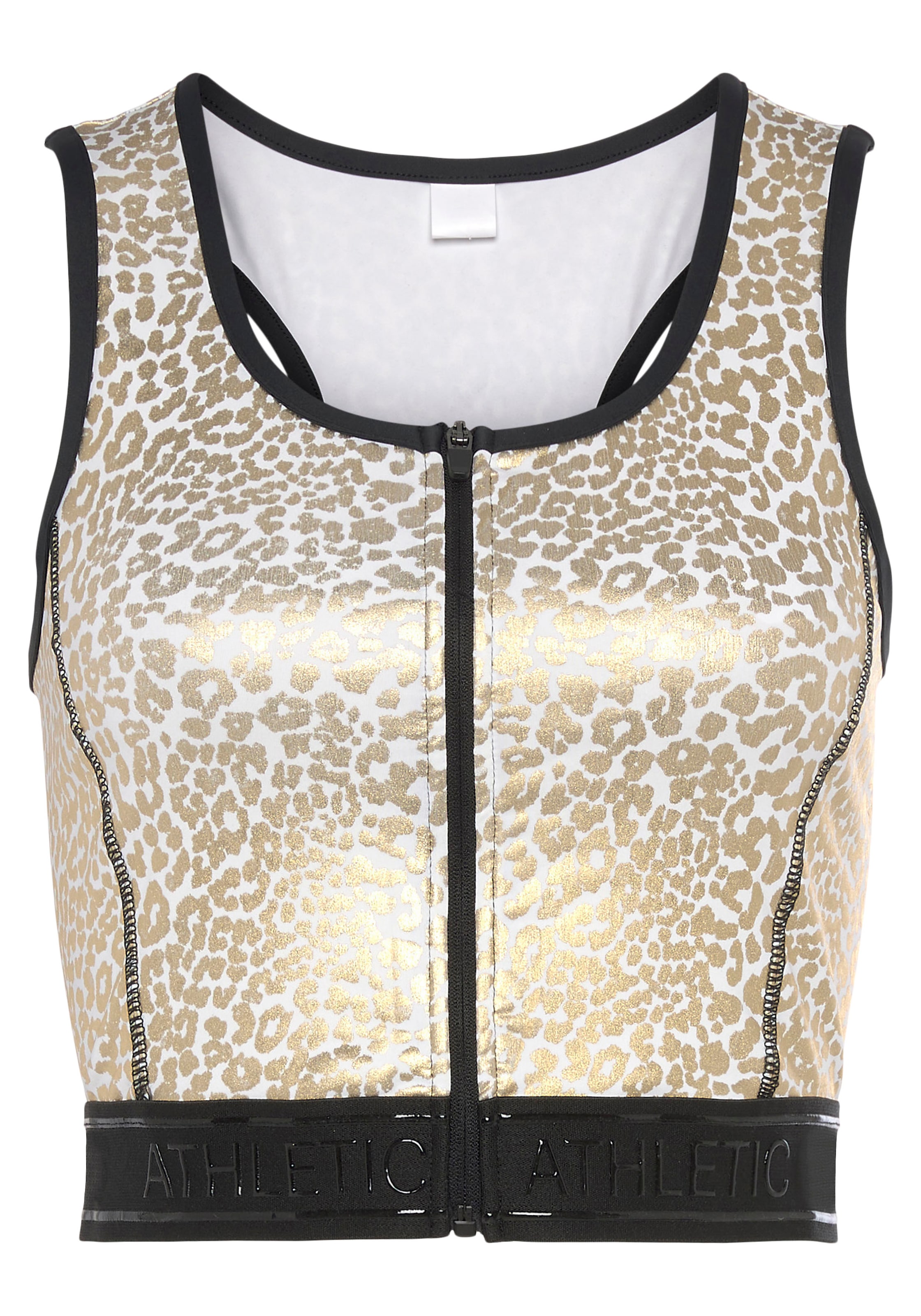 LASCANA ACTIVE Crop-Top, Sporttop mit glänzendem Animalprint und 3D-Schriftzug auf dem Bund