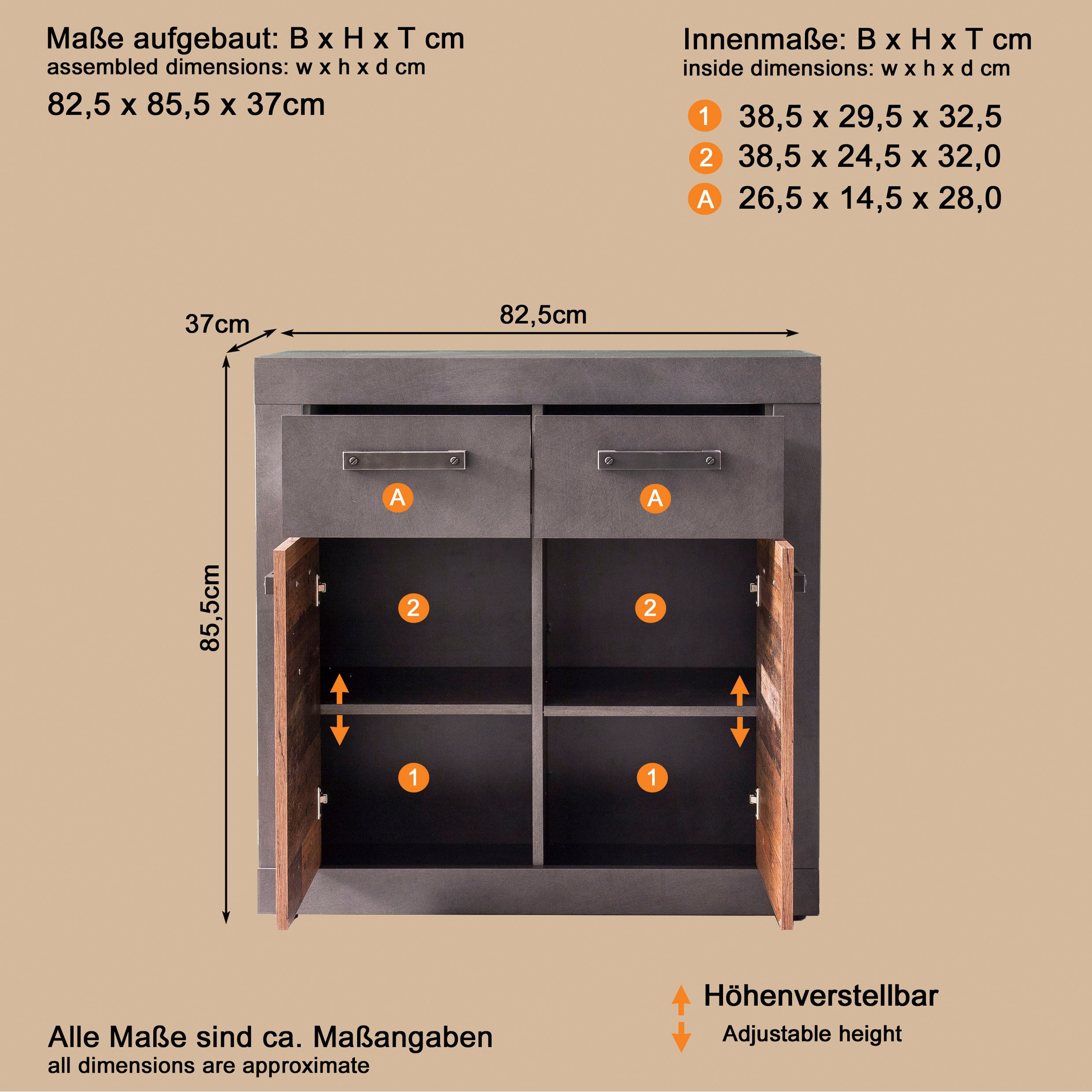 INOSIGN Kommode »Ilana« Kommode mit 2 Türen & 2 Schubladen - (B/T/H) 82/37/86 cm