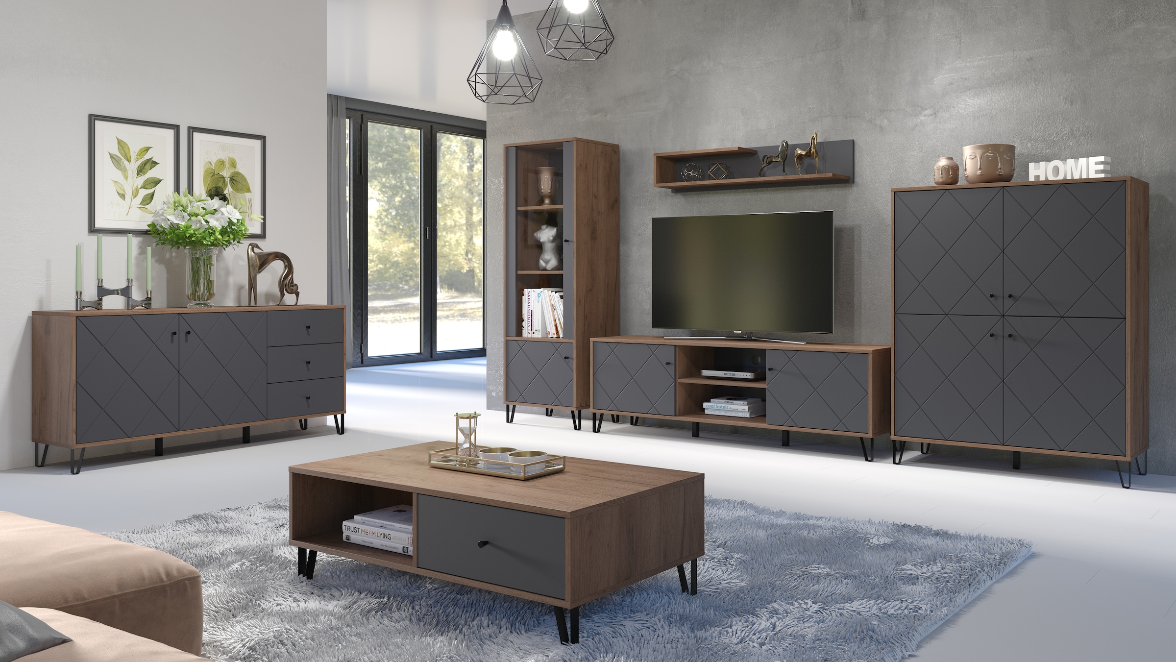 Places of Style Couchtisch »Molveno«, (1 St.), Sofatisch mit 2 Fächern, Schubladen und extravaganten Metall-Füßen