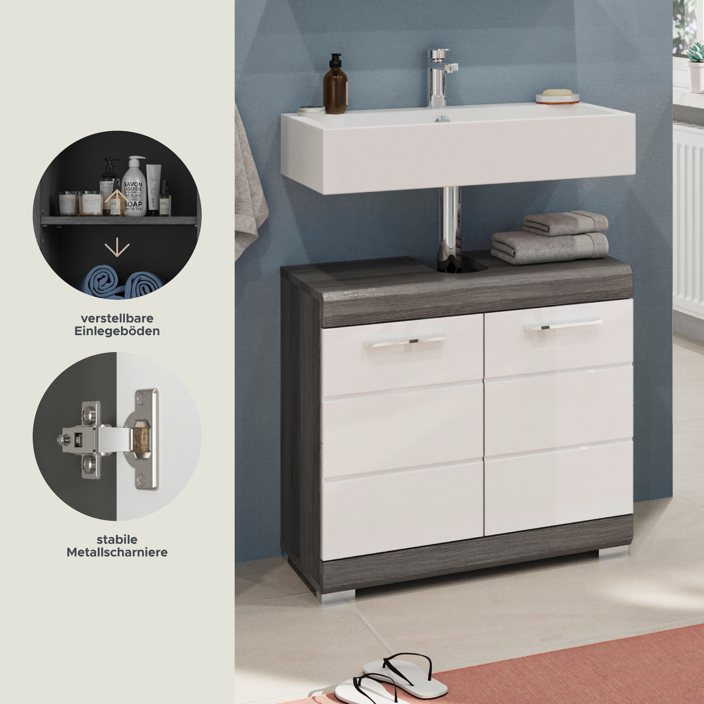 welltime Waschbeckenunterschrank »SIENA, Breite 60cm, mit  2 Türen oder 2 Schubkästen, MDF-Front« TOPSELLER! , mit Siphonausschnitt 10x25 cm, 1 Stk. tlg. in verschiedenen Farben erhältlich, Badmöbel, Badschrank, Kommode, Bad
