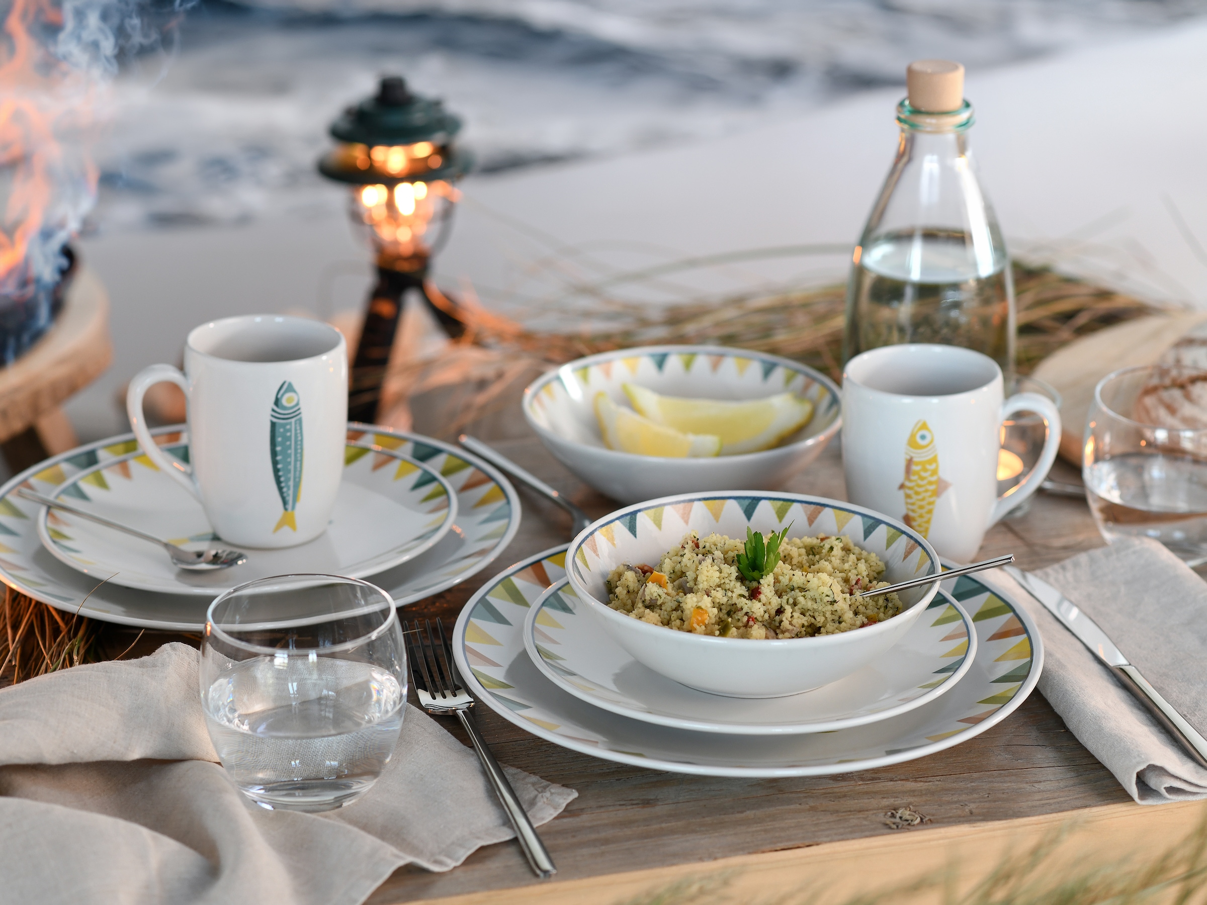 CreaTable Kombiservice »Sardinhas, Geschirr-Set, 16-tlg.« Hochwertiges Steinzeug, Zentrales Sardinen-Motiv