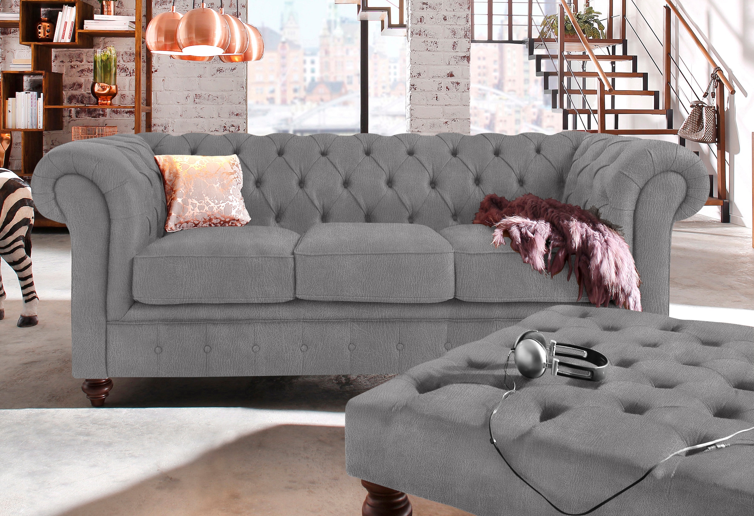 Home affaire Chesterfield-Sofa »Chesterfield 3-Sitzer B/T/H: 198/89/74 cm«, mit hochwertiger Knopfheftung, auch in Leder