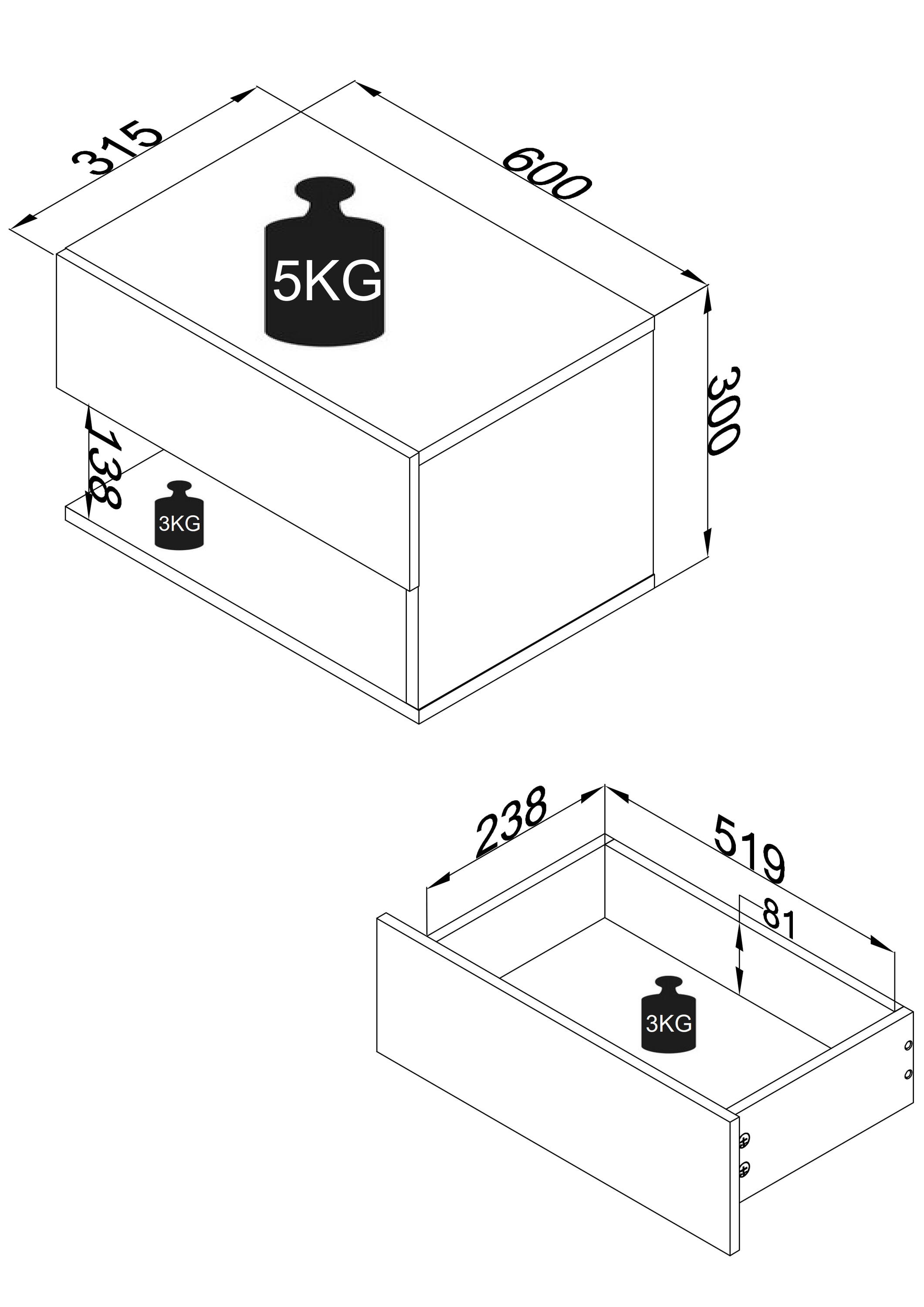 VCM Nachtkonsole »VCM Nachtschrank | Wandschublade | Wandboard | Nachttisch |Maße ca. H. 30 x B. 60 x T. 32 cm - Usal XL 60 cm«, (VCM Usal)