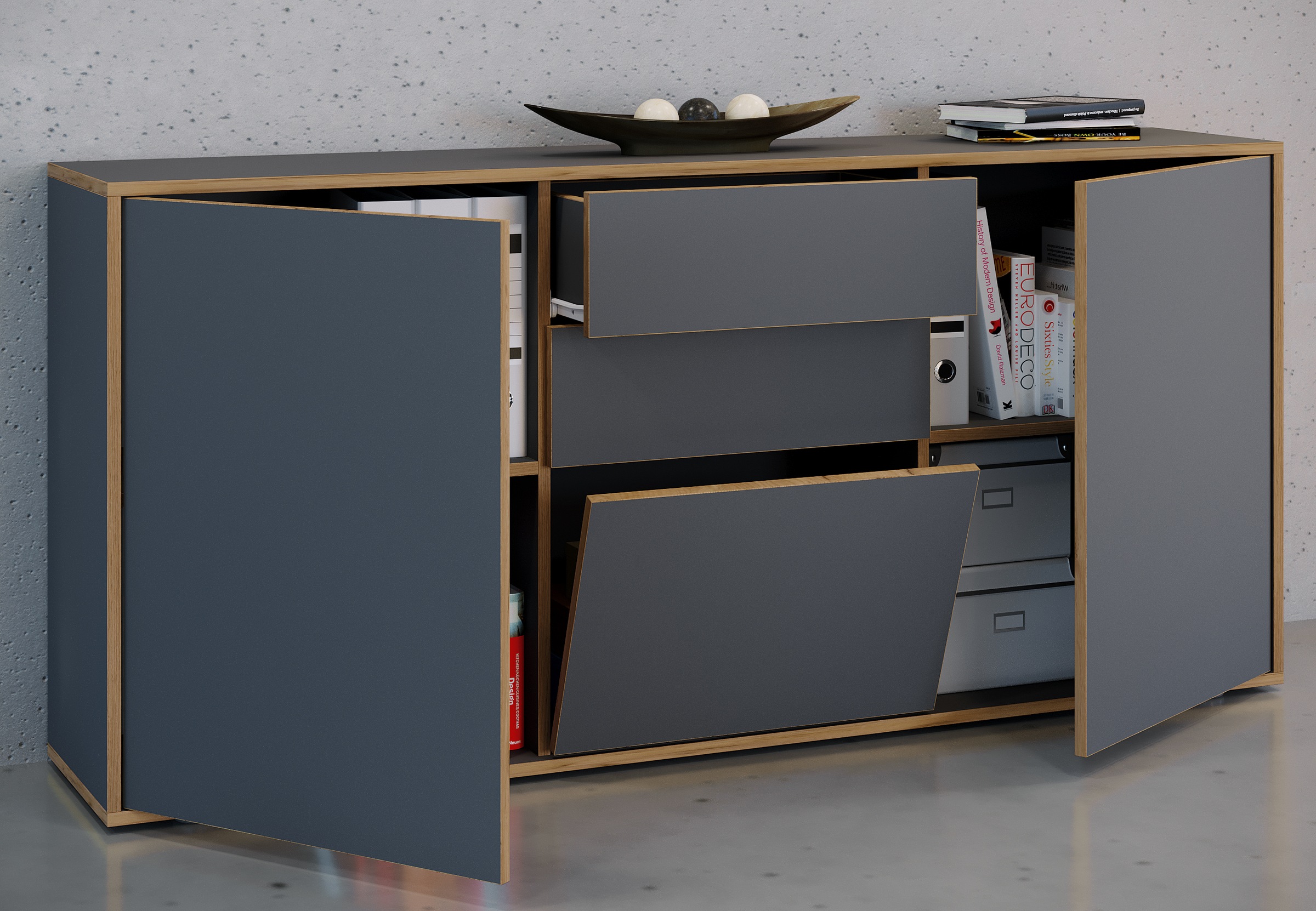VCM Kommode »VCM Holz Kommode | Sideboard mit Drehtüren, Schubladen und einer Klappe | Büromöbel | Maße ca. H. 74 x B. 160 x T. 33cm - Salia«, (VCM Salia)