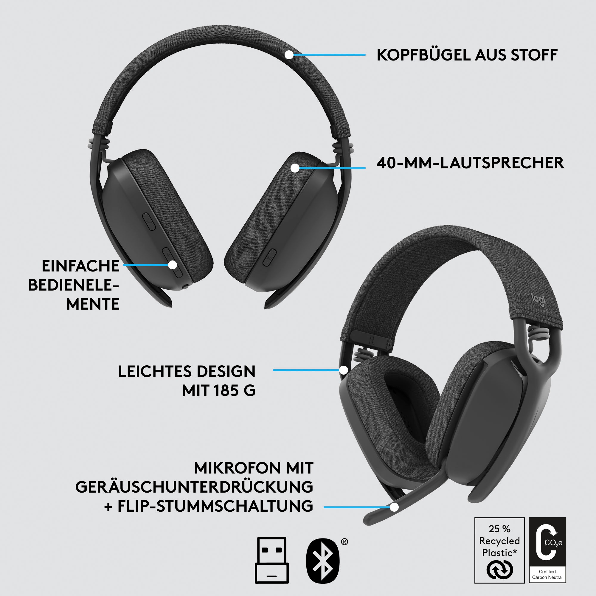 Logitech Gaming-Headset 3 ➥ (ANC) Vibe »Zone Bluetooth, Freisprechfunktion-Active 125«, UNIVERSAL Noise Garantie Jahre | XXL Cancelling