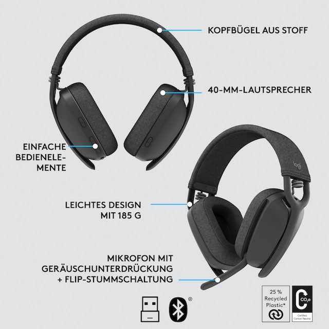 Freisprechfunktion-Active Vibe UNIVERSAL XXL Noise Jahre Cancelling Logitech »Zone (ANC) Garantie Bluetooth, | 125«, 3 Gaming-Headset ➥