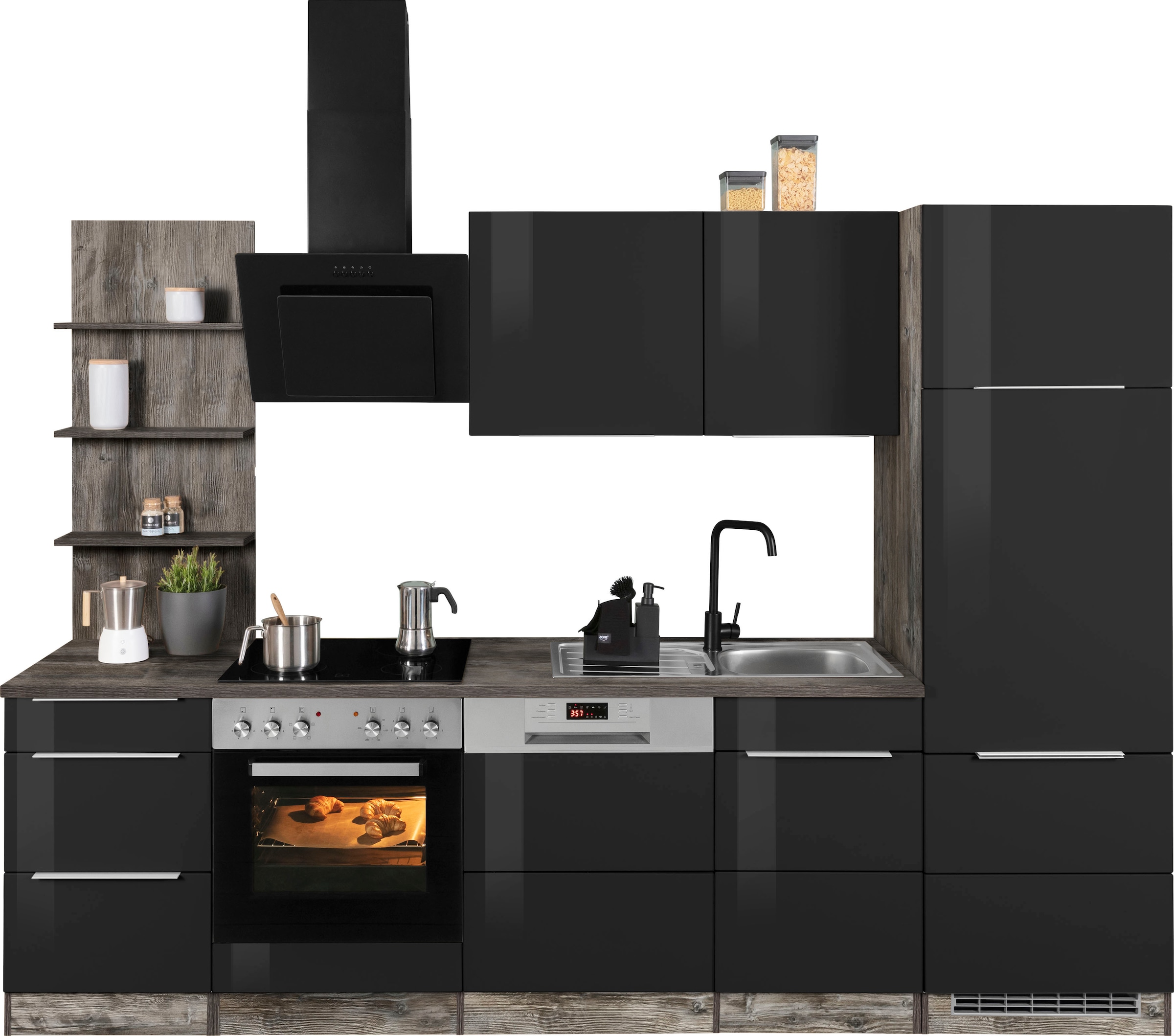 KOCHSTATION Küchenzeile "KS-Brindisi" Breite 280 cm, wahlweise mit E-Geräten, mit MDF-Fronten und Regal