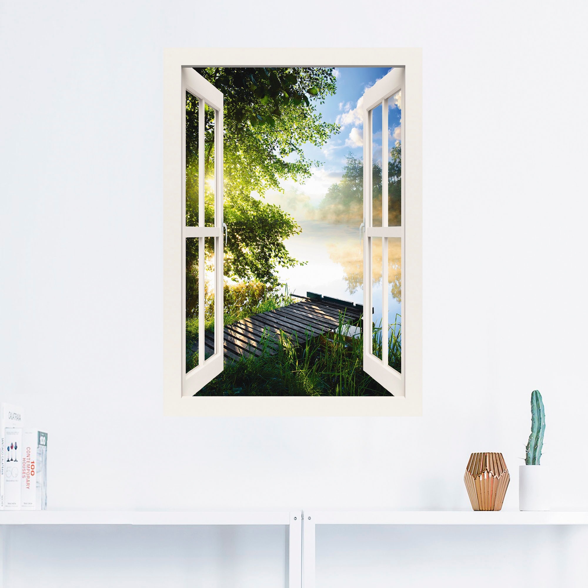 Artland Wandbild »Fensterblick Angelsteg am Fluss«, Fensterblick, (1 St.), als Alubild, Outdoorbild, Leinwandbild, Poster, Wandaufkleber