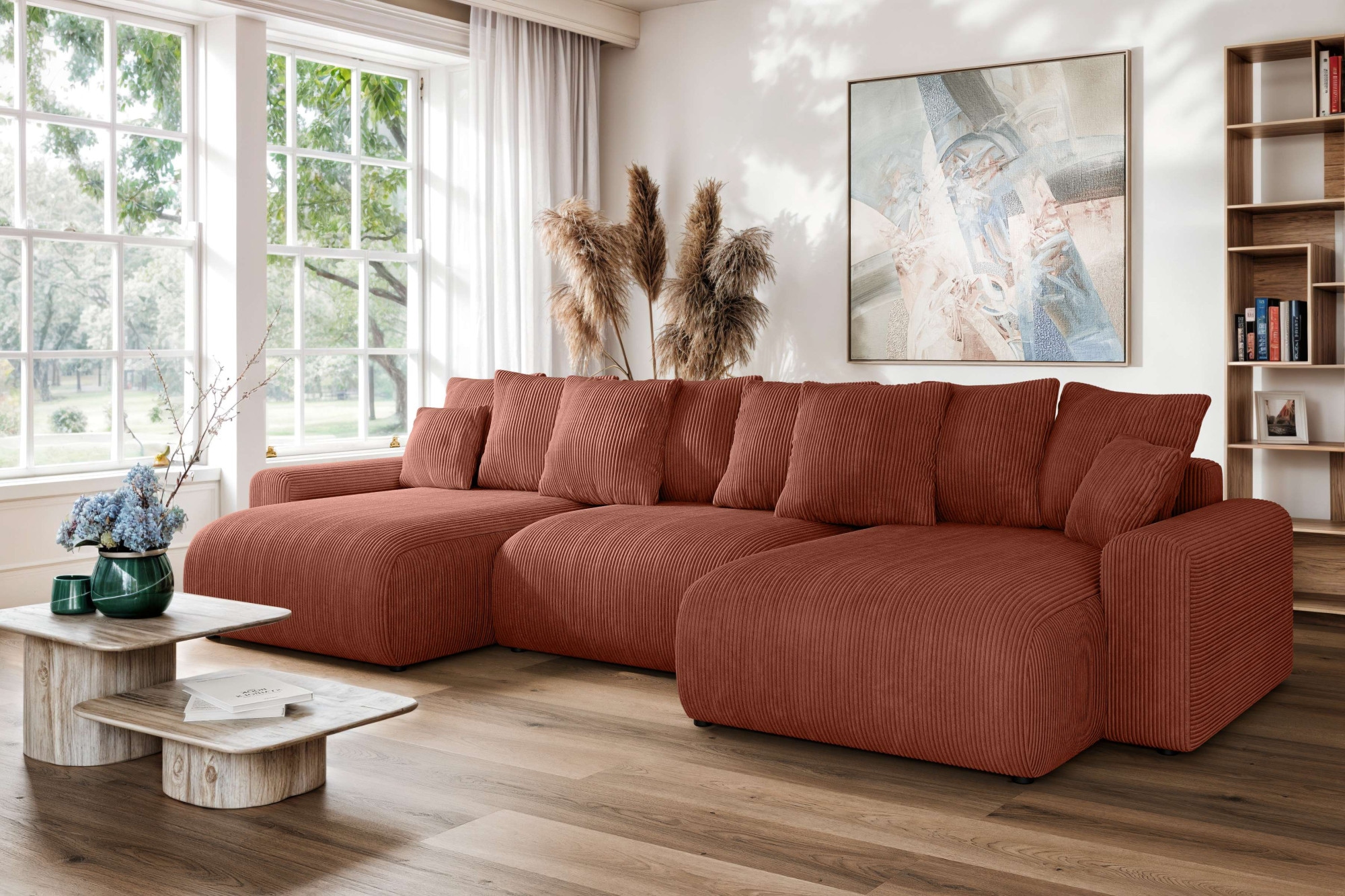 Home affaire Wohnlandschaft »LAKESIDE mit Bettfunktion und Bettkasten, Maße B/T/H: 332,5/142/84 cm«, U‑Form mit vielen Kissen und Wellenunterfederung