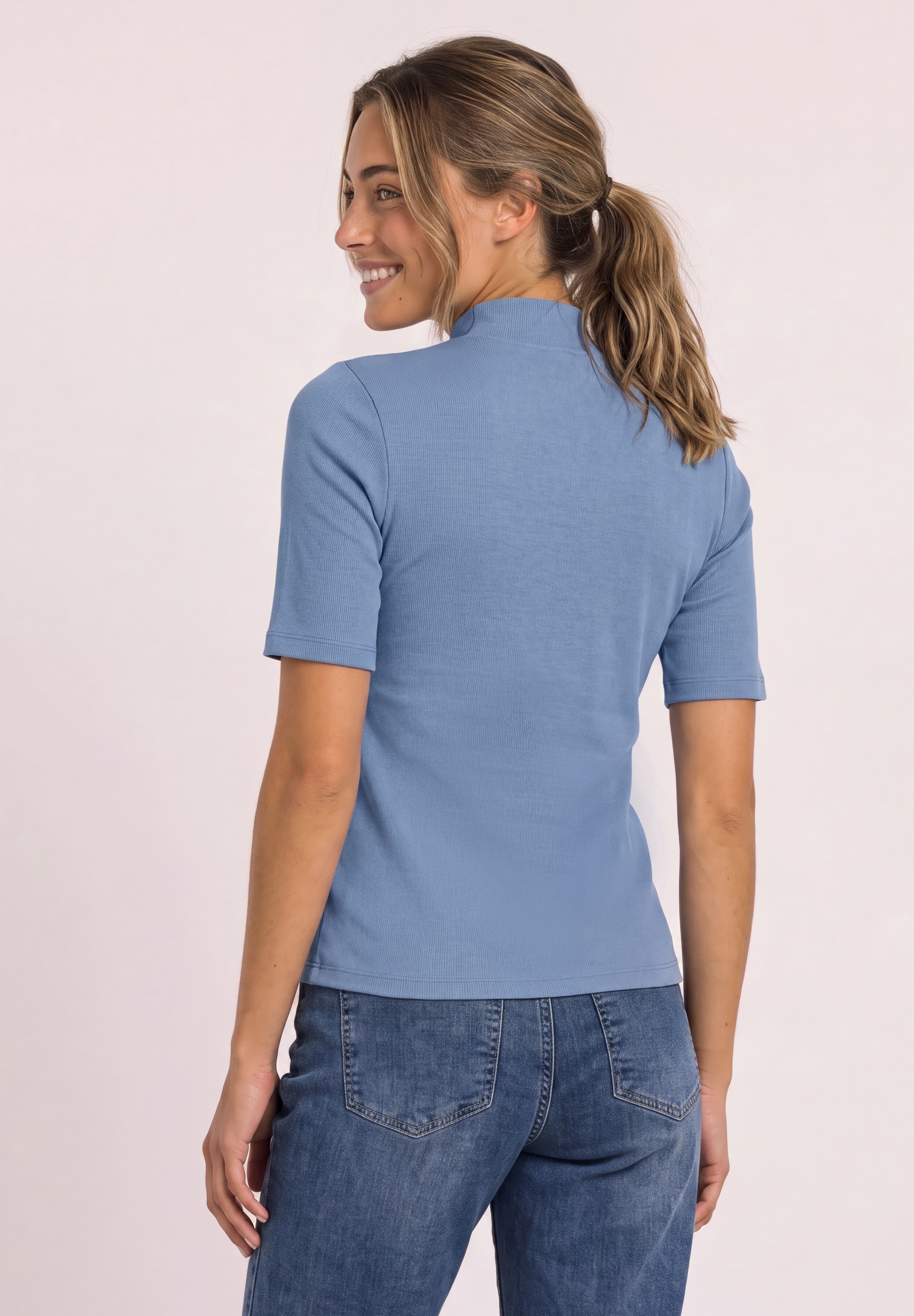 STREET ONE Kurzarmshirt Sommershirt mit Turtelneck / Ripp-Strick