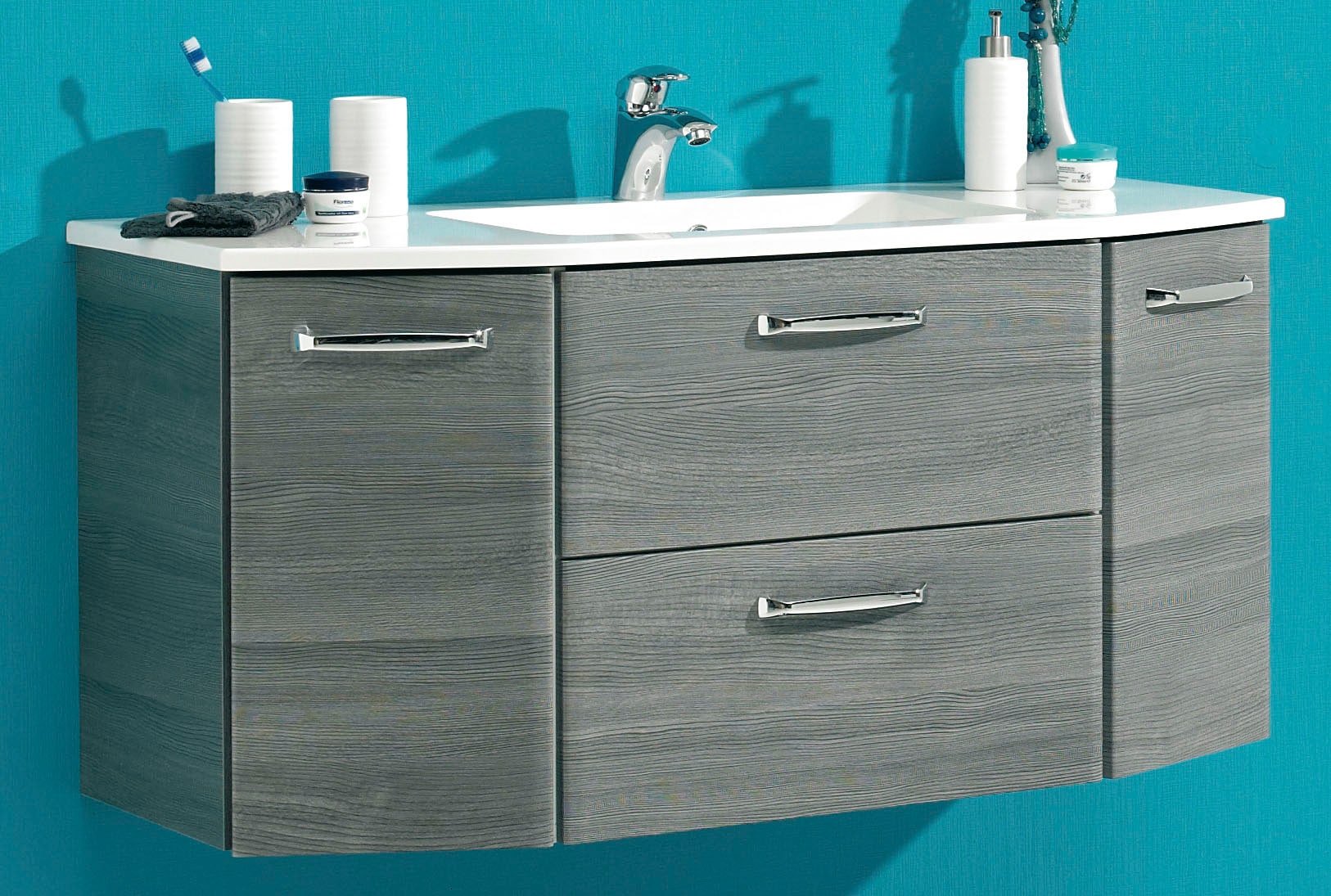 Saphir Waschtisch »Quickset Waschplatz, Mineralmarmor-Waschtisch, 112 cm breit, 2 Türen«, Unterschrank mit Waschbecken, inkl. Türdämpfer, Griffe Chrom Glanz