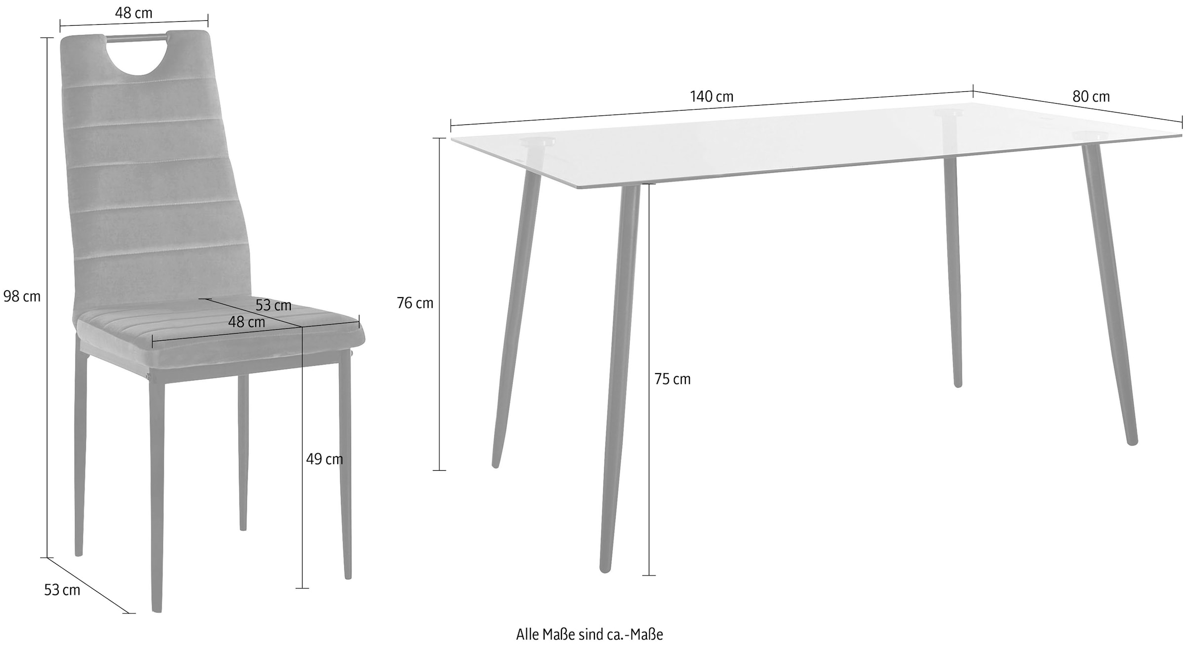 INOSIGN Essgruppe, (Set, 5 tlg.), Glastisch, Breite 140 cm und 4 Esszimmerstühlen, Bezug aus Samtstoff