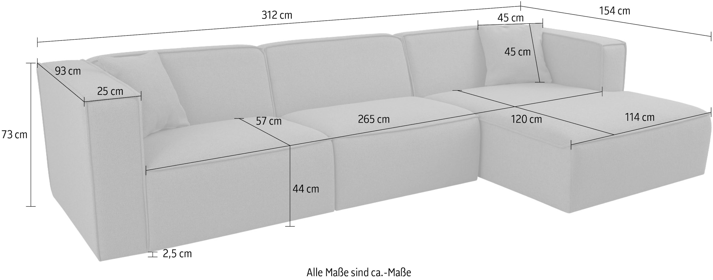 OTTO home Ecksofa »Tammie«, Breite 312 cm, Webstoff fein, bodentief, mit Wellenunterfederung