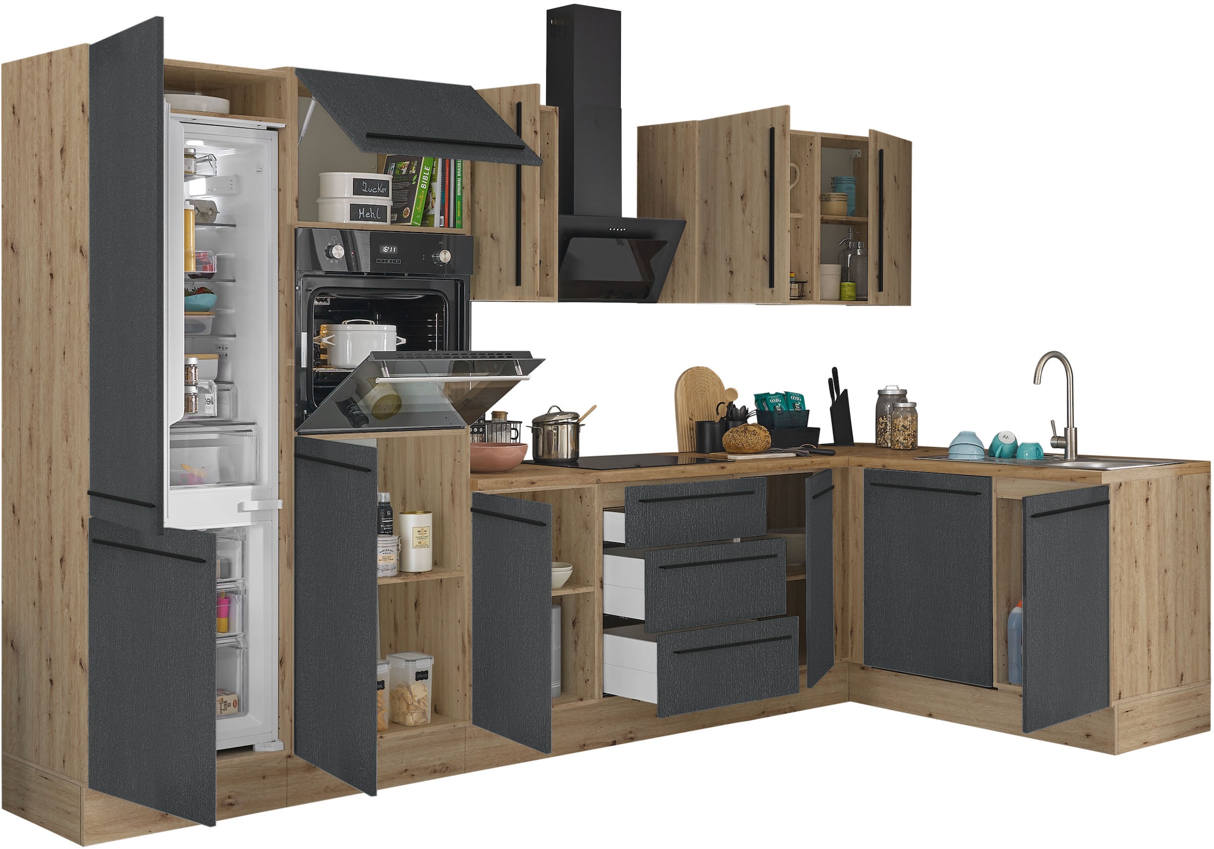 KOCHSTATION Winkelküche »Florida, Stellbreite 340x175 cm«, wahlweise mit E-Geräten, mit Softclose für Türen und Schubkästen