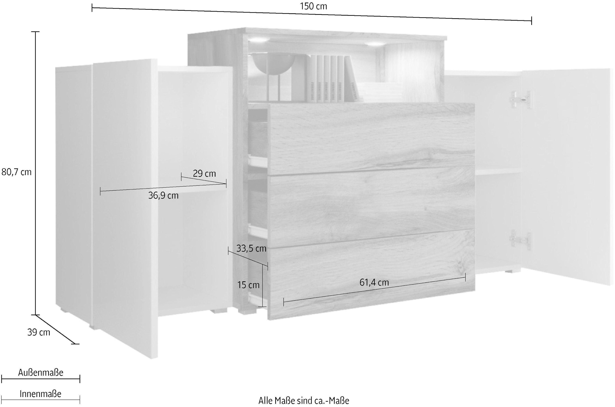 INOSIGN Sideboard »URBAN III«, Moderne Kommode mit 3 Schubladen und 4 Fächern, Breite 150 cm