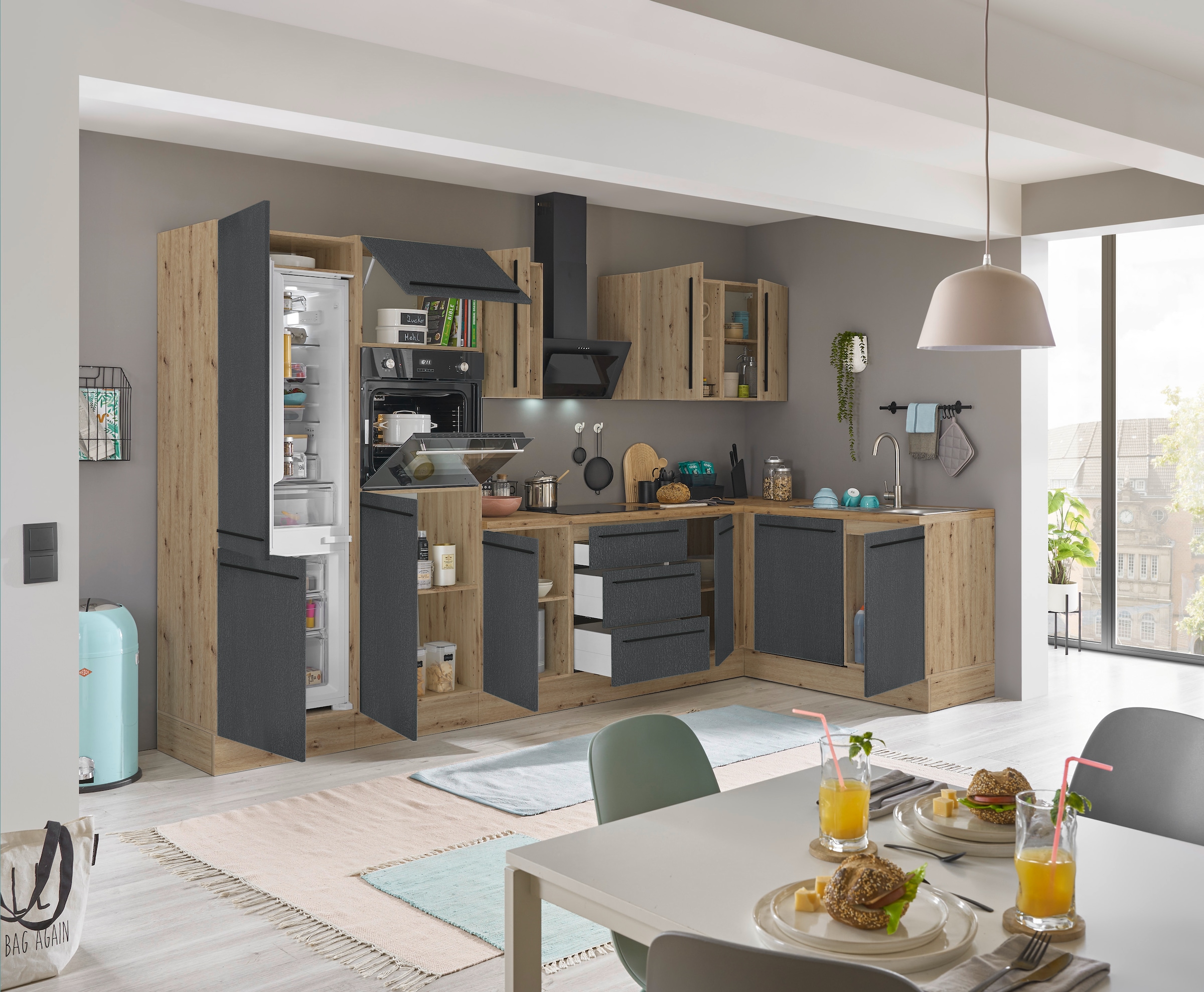 KOCHSTATION Winkelküche »Florida, Stellbreite 340x175 cm«, wahlweise mit E-Geräten, mit Softclose für Türen und Schubkästen