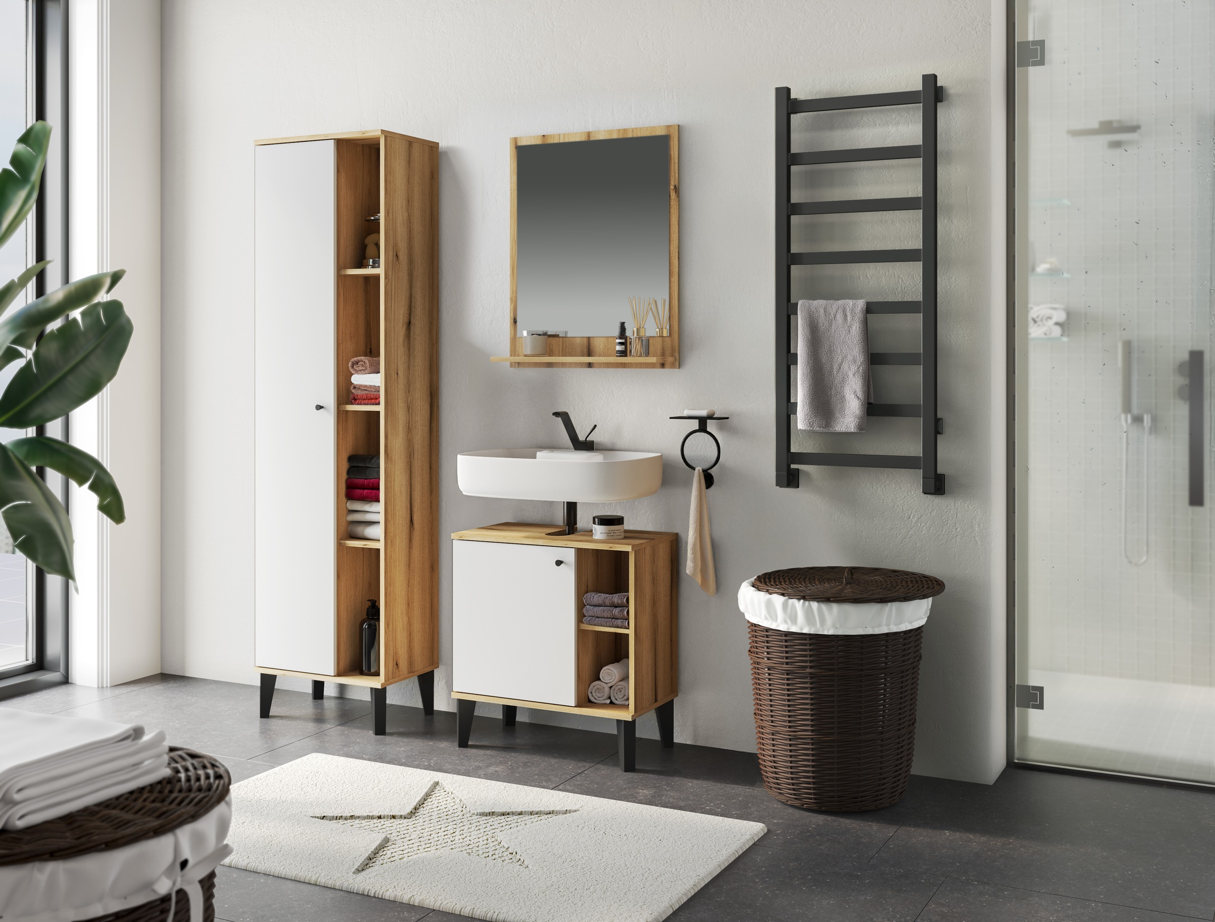 INOSIGN Badmöbel-Set »OSLO, Bad im skandinavischen Design«, (Set, 3 St.), Badschränke und Spiegel, in zwei Farben verfügbar, viel Stauraum