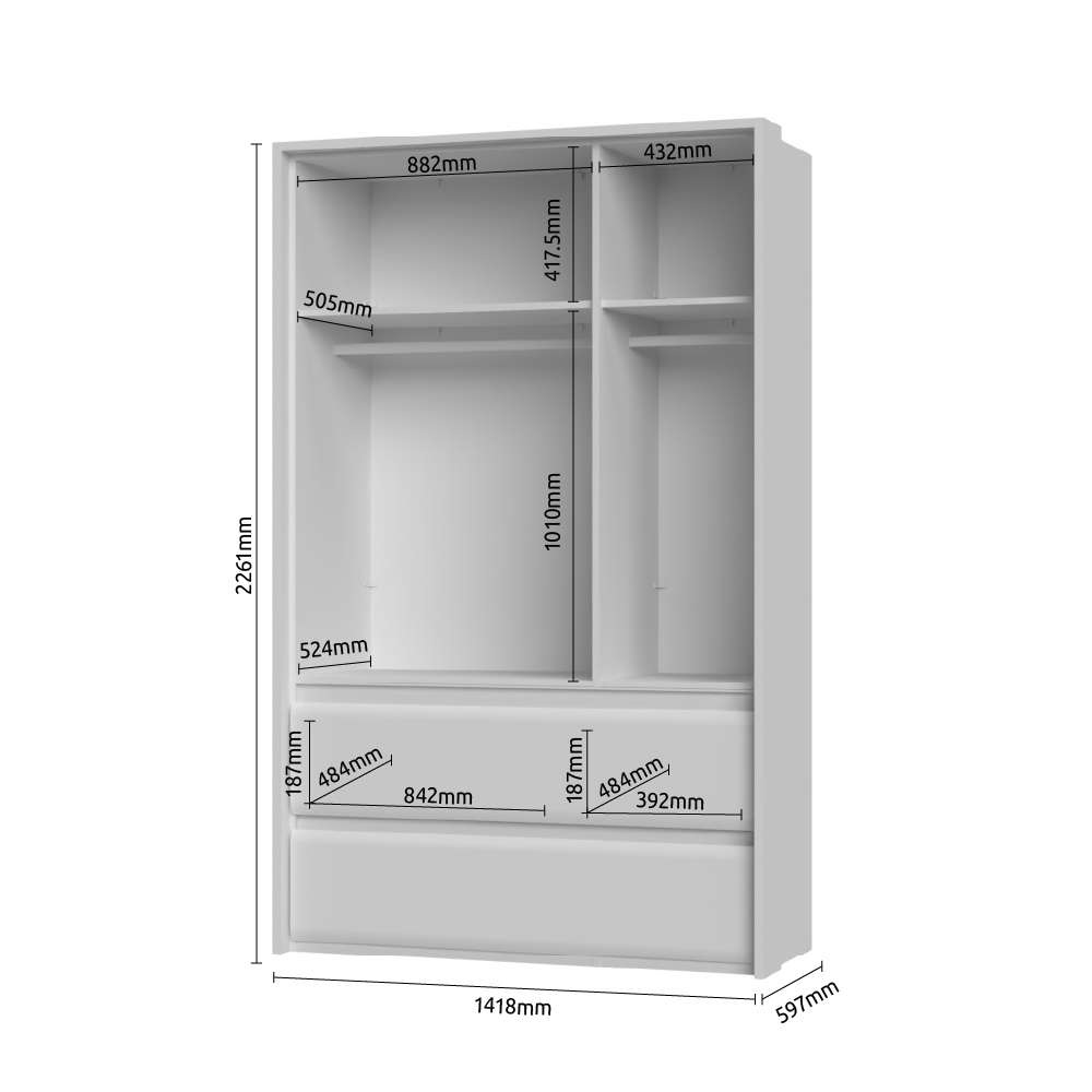 Places of Style Kleiderschrank »Invictus, UV lackiert, FSC-zertifiziert, grifflose Optik«, (abgerundete Schubladen aus MDF im Holzdekor, soft-close), mit Beleuchtung, Türen komplett verspiegelt, hoher Schrank (226cm)