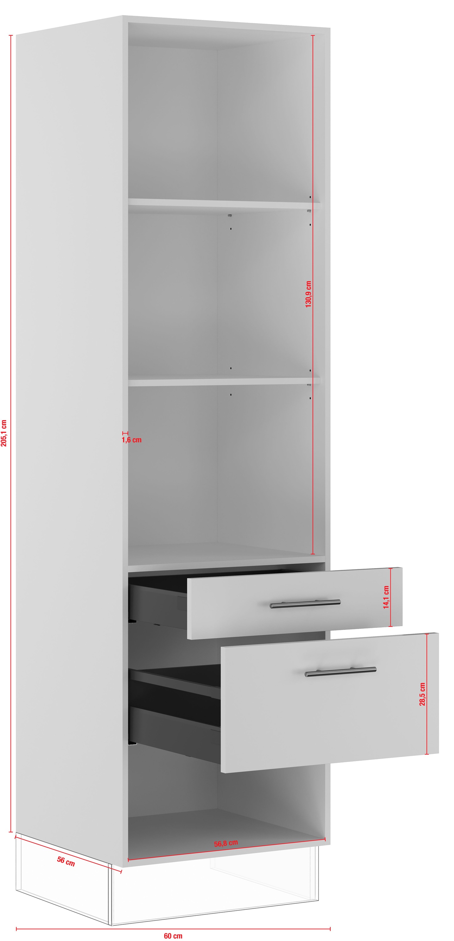 IMPULS KÜCHEN Seitenschrank »"Prag", Breite/Höhe: 60/205,1 cm, mit Soft-Close«, vormontiert, mit Schubkasten, mit Auszug, mit verstellbaren Fachböden