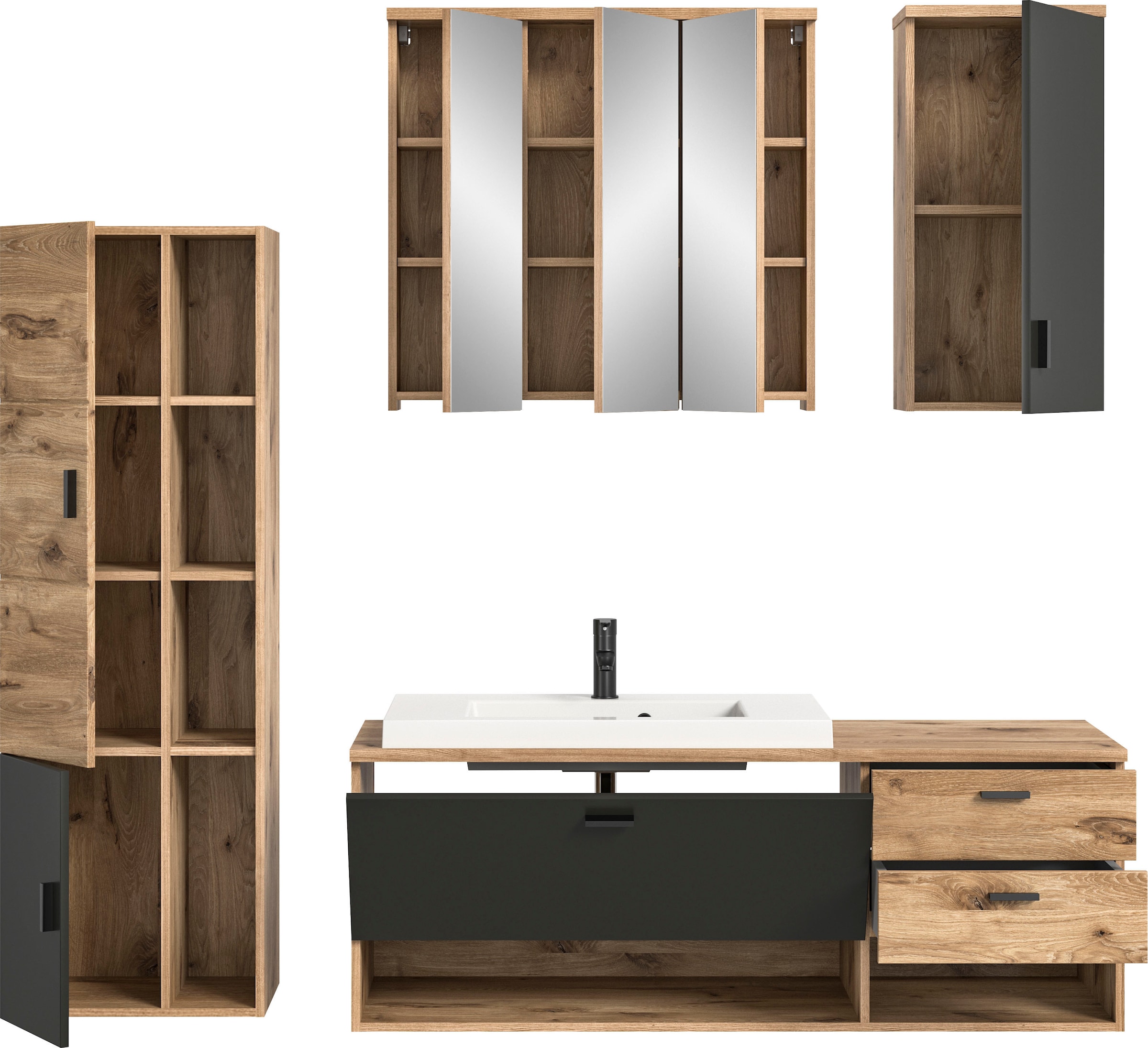 welltime Badmöbel-Set »Dolo, 4 teilig, inklusive Mineralguss-Waschbecken, bestehend aus:« Set, 4 Stk. tlg.