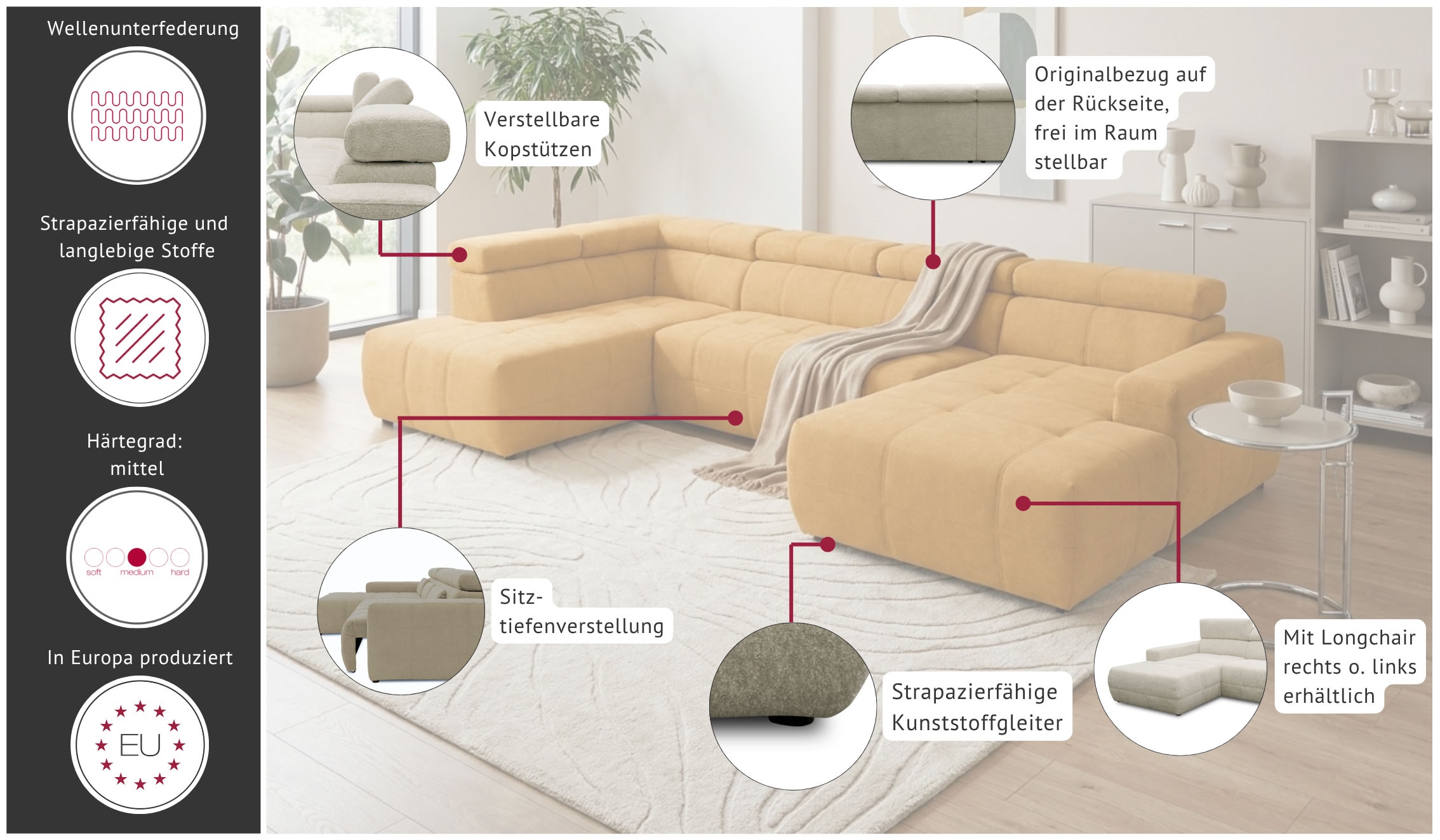 OTTO home Wohnlandschaft »Ballerup 359 x 228 cm, auch mit verstellbarer Sitztiefe« Kopfteile verstellbar, aus pflegeleichtem, weichem Bezugsstoff, U-Form