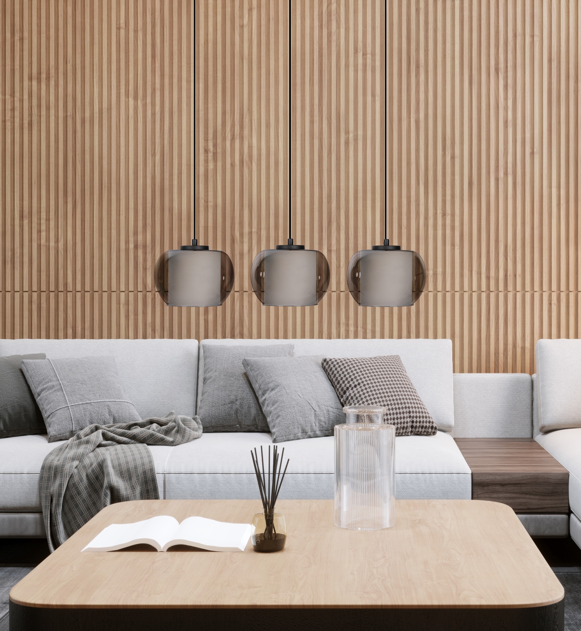 OTTO home Pendelleuchte »Tanissa mit Doppelschirm« E27 1 Stk. Pendellampe, Rauchglas, innen Stoffschirm, E27, Glasschirm, Glaskugel