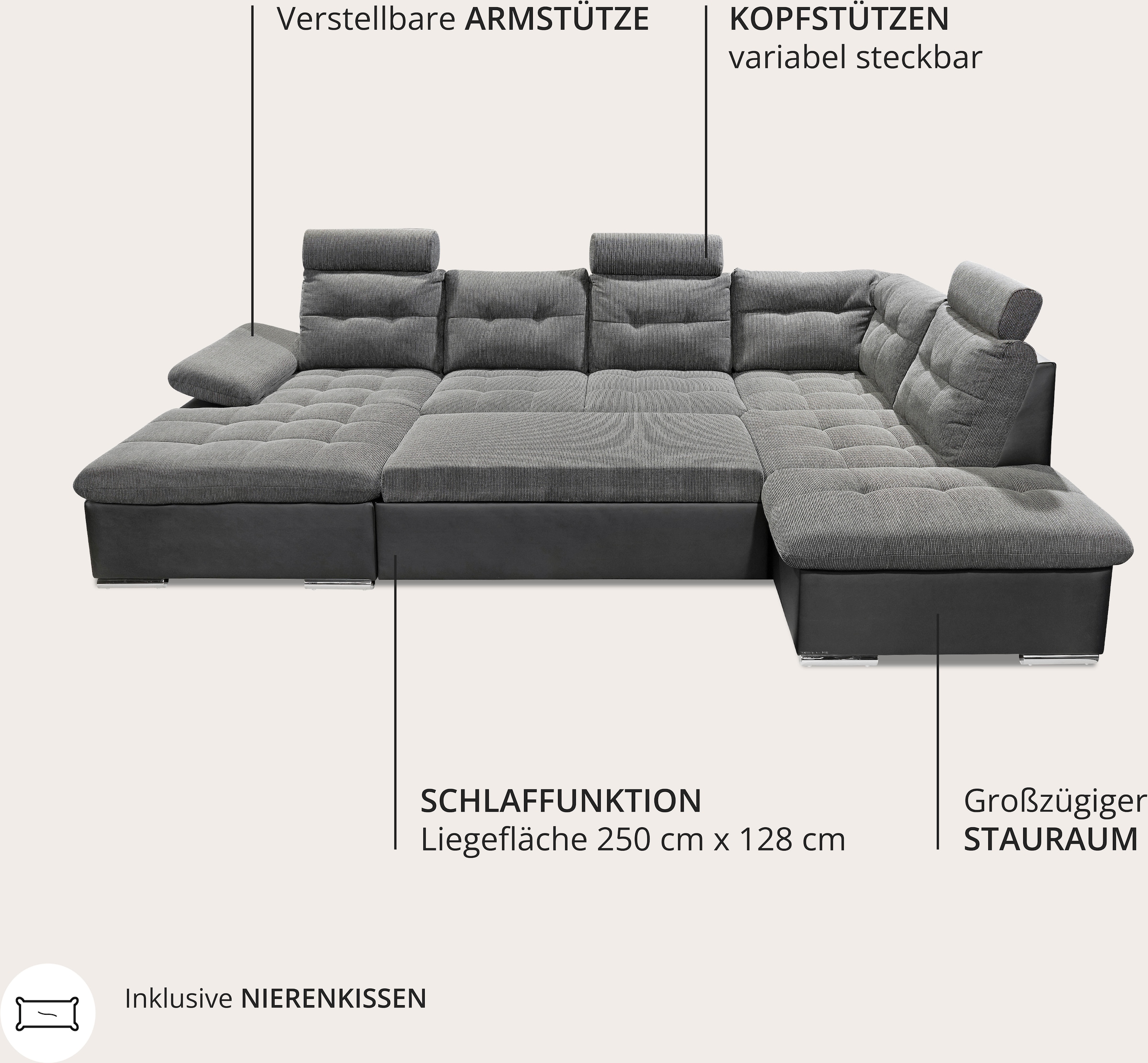 ED EXCITING DESIGN Wohnlandschaft »Jakarta U-Form mit Bettfunktion, Bettkasten« Armteilverstellung, Kopfstützen & 3 Nierenkissen