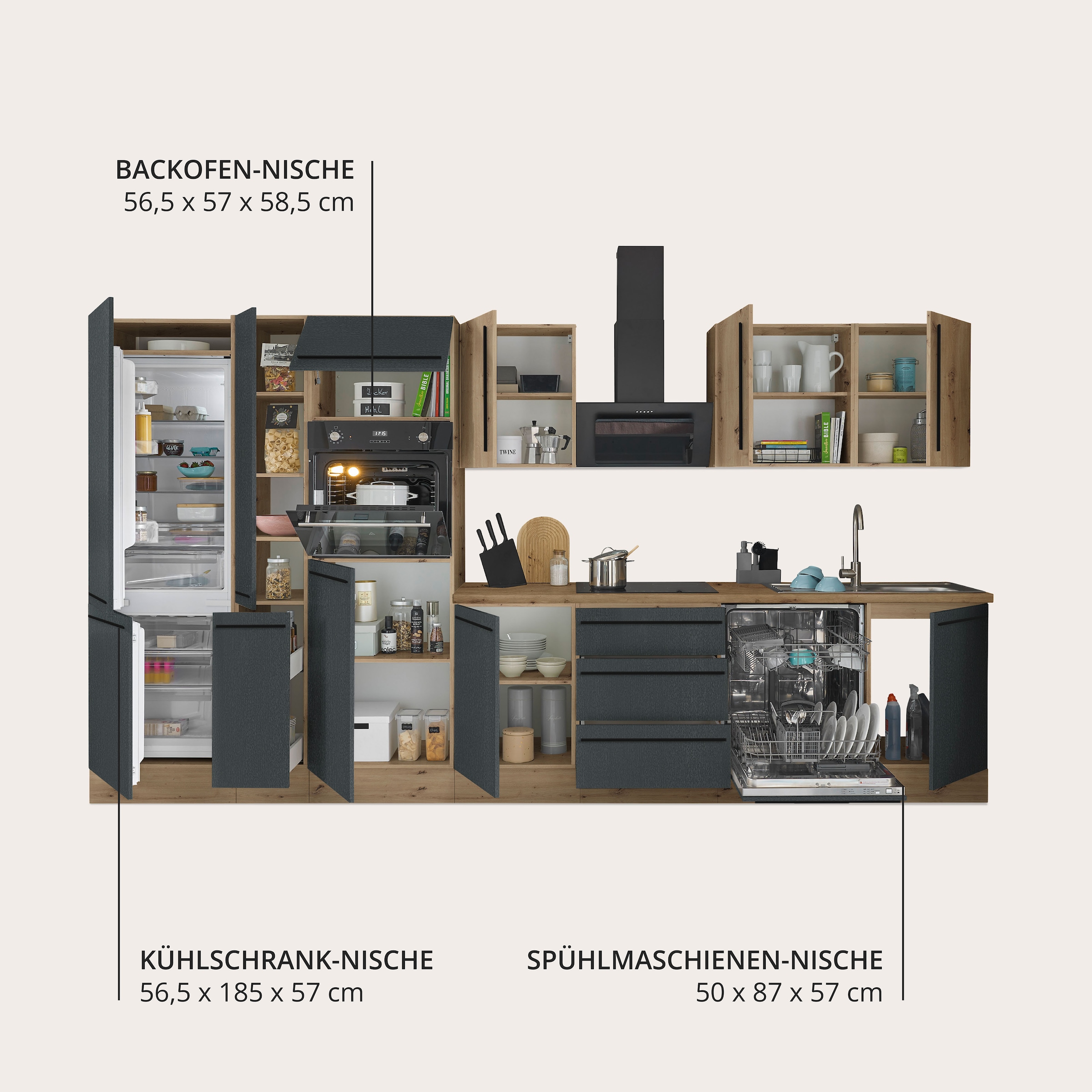 KOCHSTATION Küchenzeile »Florida« Breite 370 cm, wahlweise mit E-Geräten,Softclose für Türen/Schubkästen